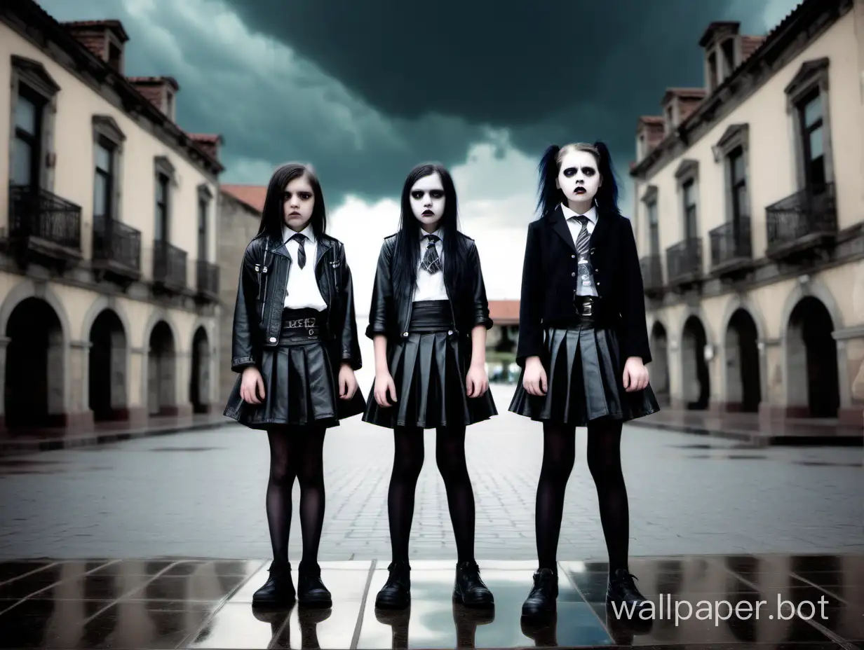 rock band of three 12-year-old goth girls in full growth in micro skirts sing horribly beautiful song in the square of an ancient city under stormy sky horror