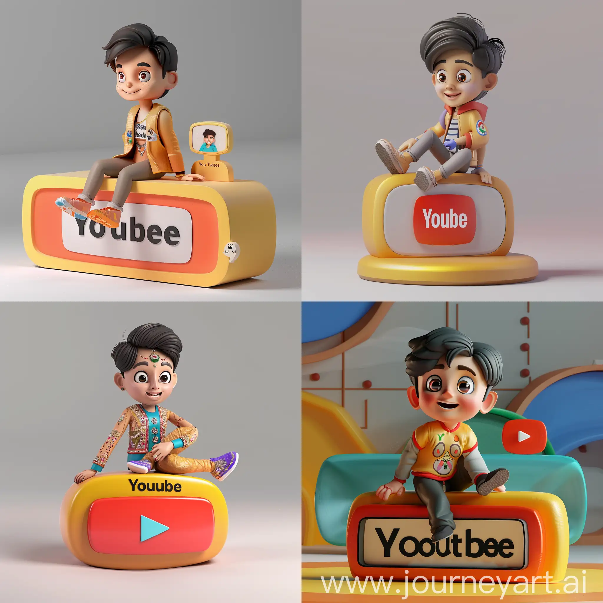 Prompt: "Create a 3D illustration of an animated character of a handsom boy sitting casually on top of a social media logo "YouTube". The character must wear modern Indian clothes. The background of the character is mockup of his YouTube profile page with a profile name "Smart Graphics" and a profile picture same as character."