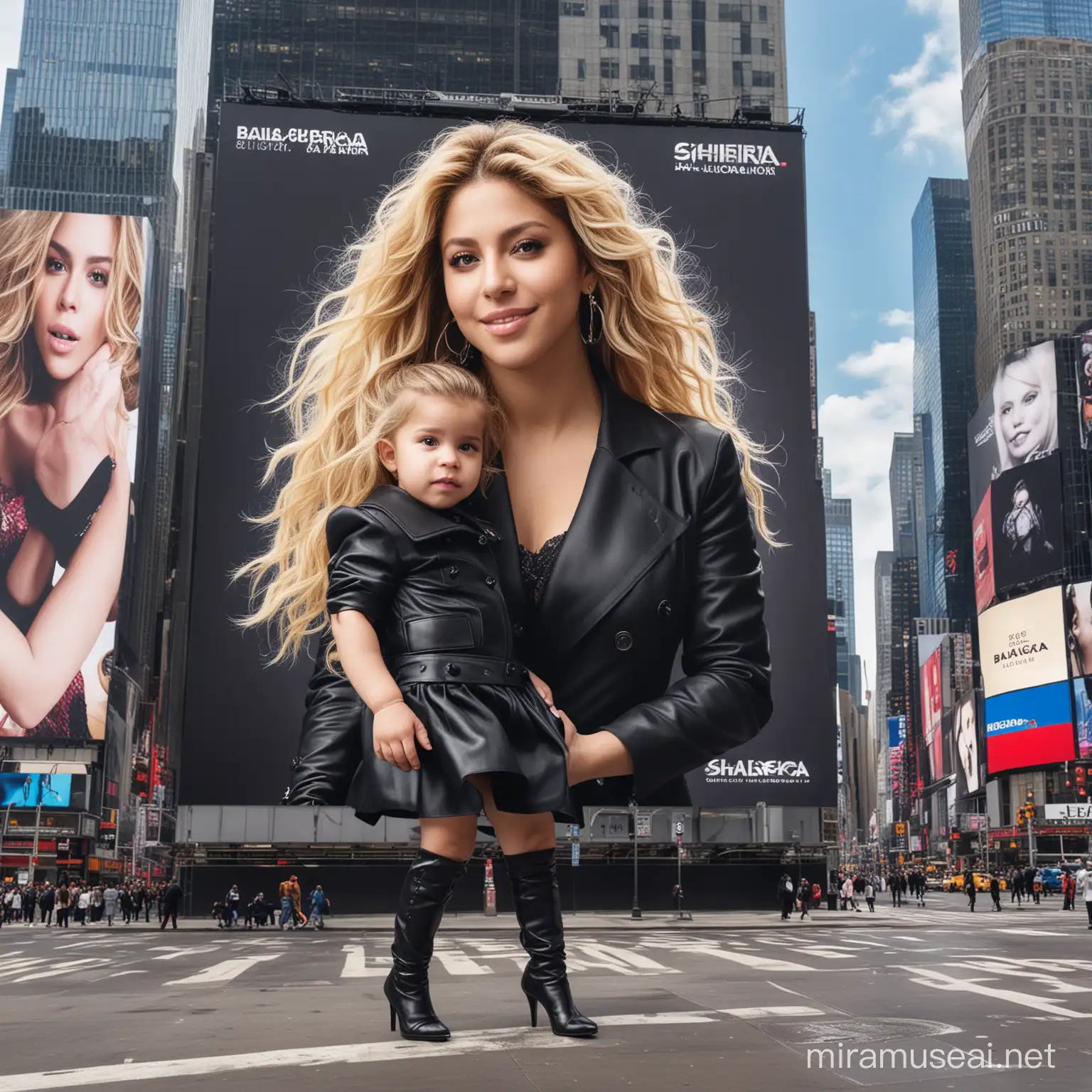 Design a billboard featuring shakira and their daughter, all dressed in Balenciaga outfits, in the streets of Times Square. Ensure that the clothing reflects the brand's distinctive style while being suitable for a warm and modern family atmosphere. Highlight the special bond between the mother and her daughter in this elegant representation of fashion and motherhood.