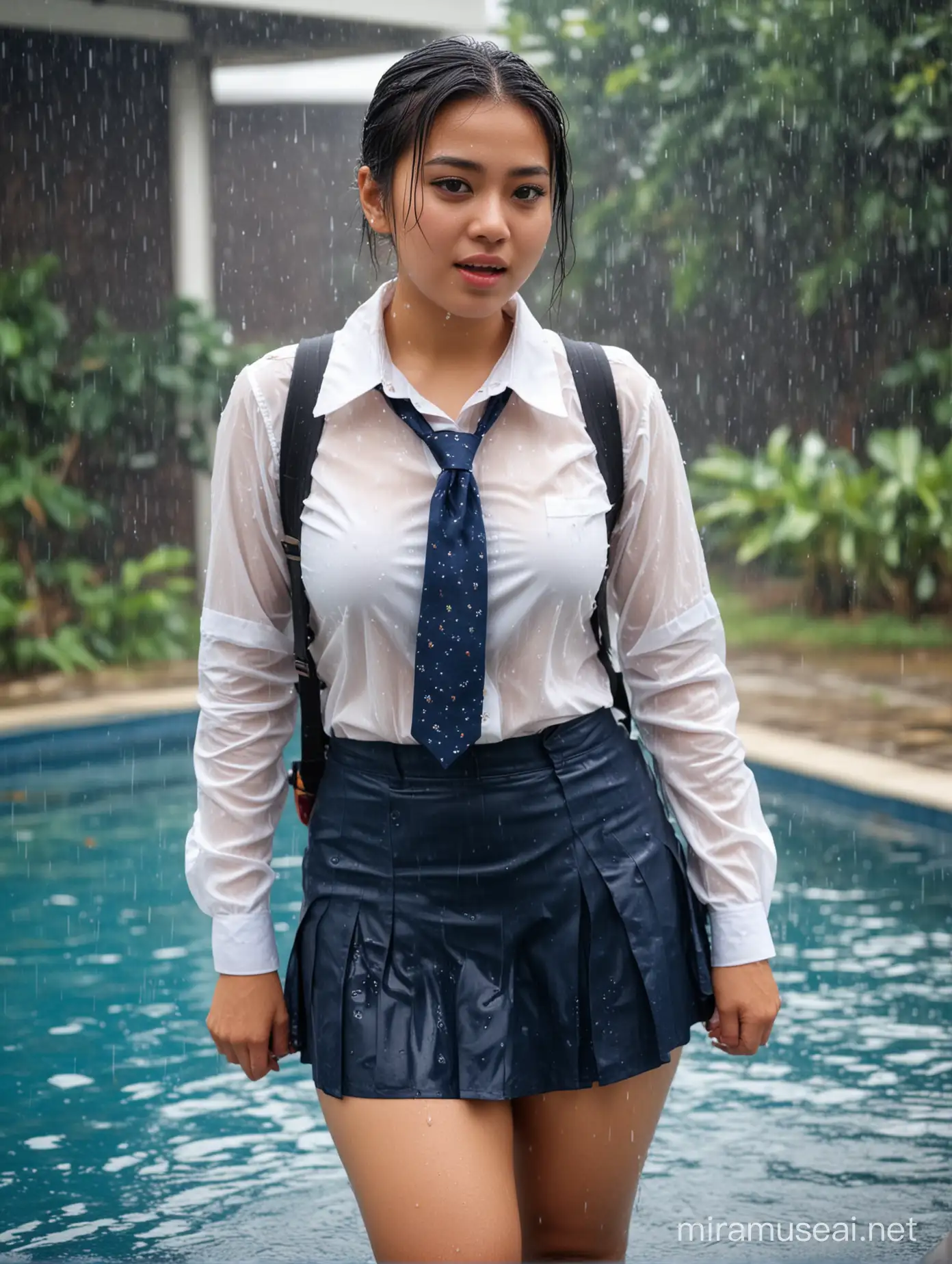 20 years old woman - malaysian, chubby, fat, makeup, tight long sleeves buttoned white sheer shirt tucked into dark blue tight fit skirt - soaking diaphanous wet, necktie, wearing a backpack, out from swimming pool, heavy downpour rain, wet face, wet clothes, wet body, slicked back wet hair, goofy expression