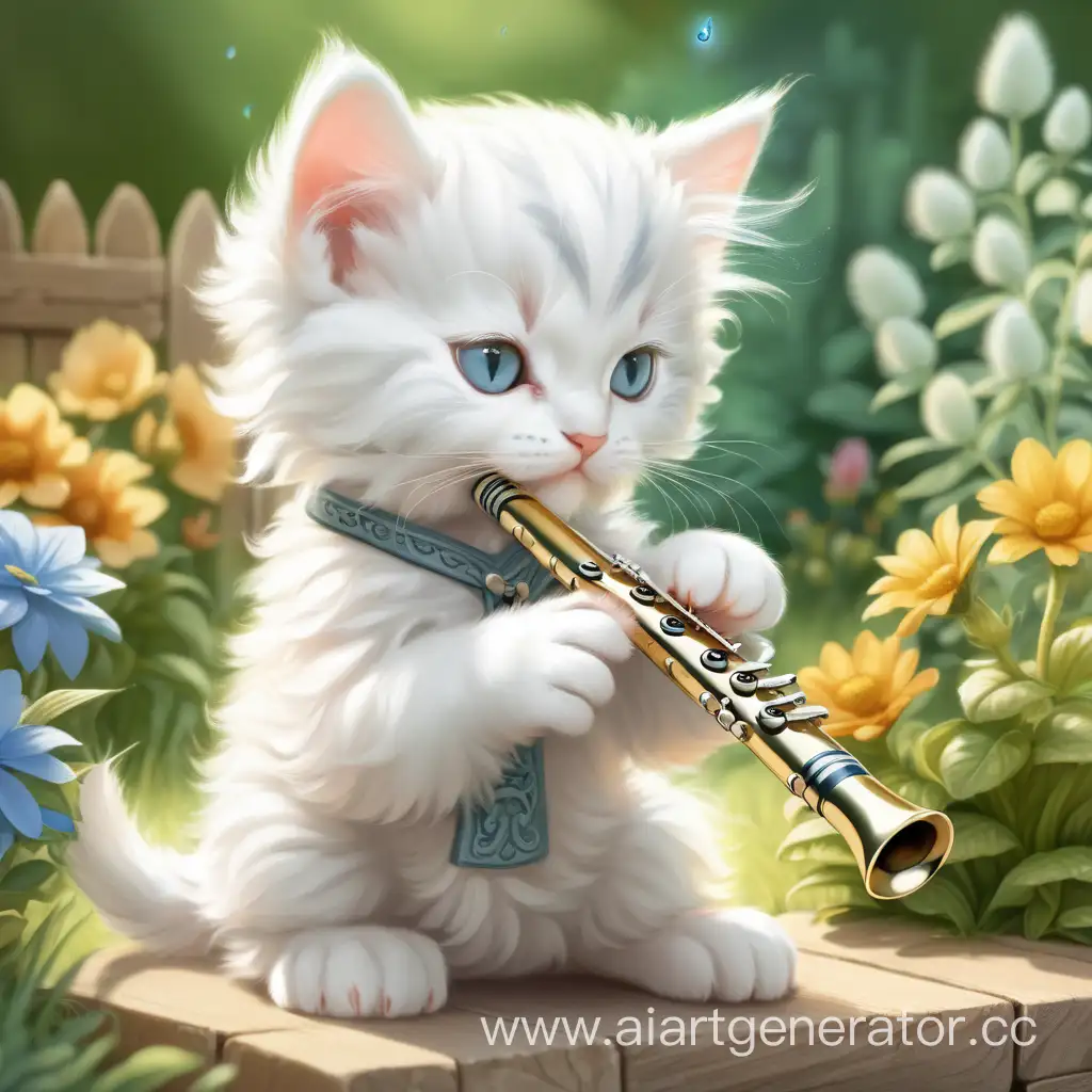 Белый пушистый котенок играет на флейте в саду
