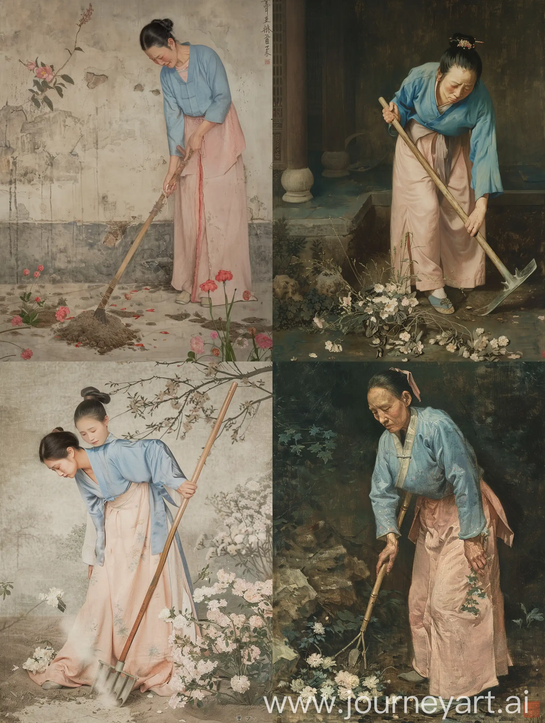In the garden of Suzhou, an ancient woman, Lin Daiyu, wearing a light pink Hanfu and a blue shirt, holding a hoe in her right hand and her left hand, The woman wept and buried the flowers in the pit