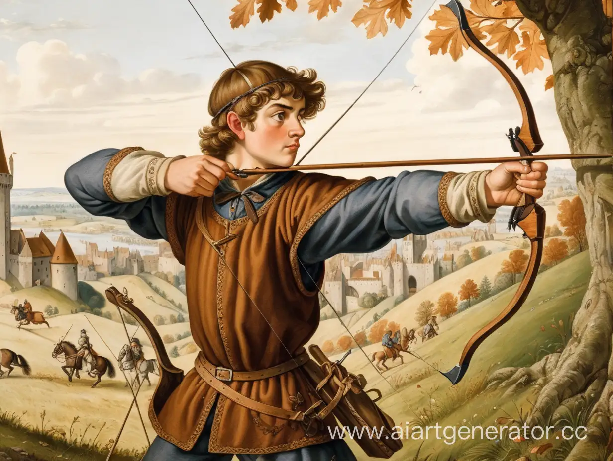 Юноша на охоте в средневековье с луком