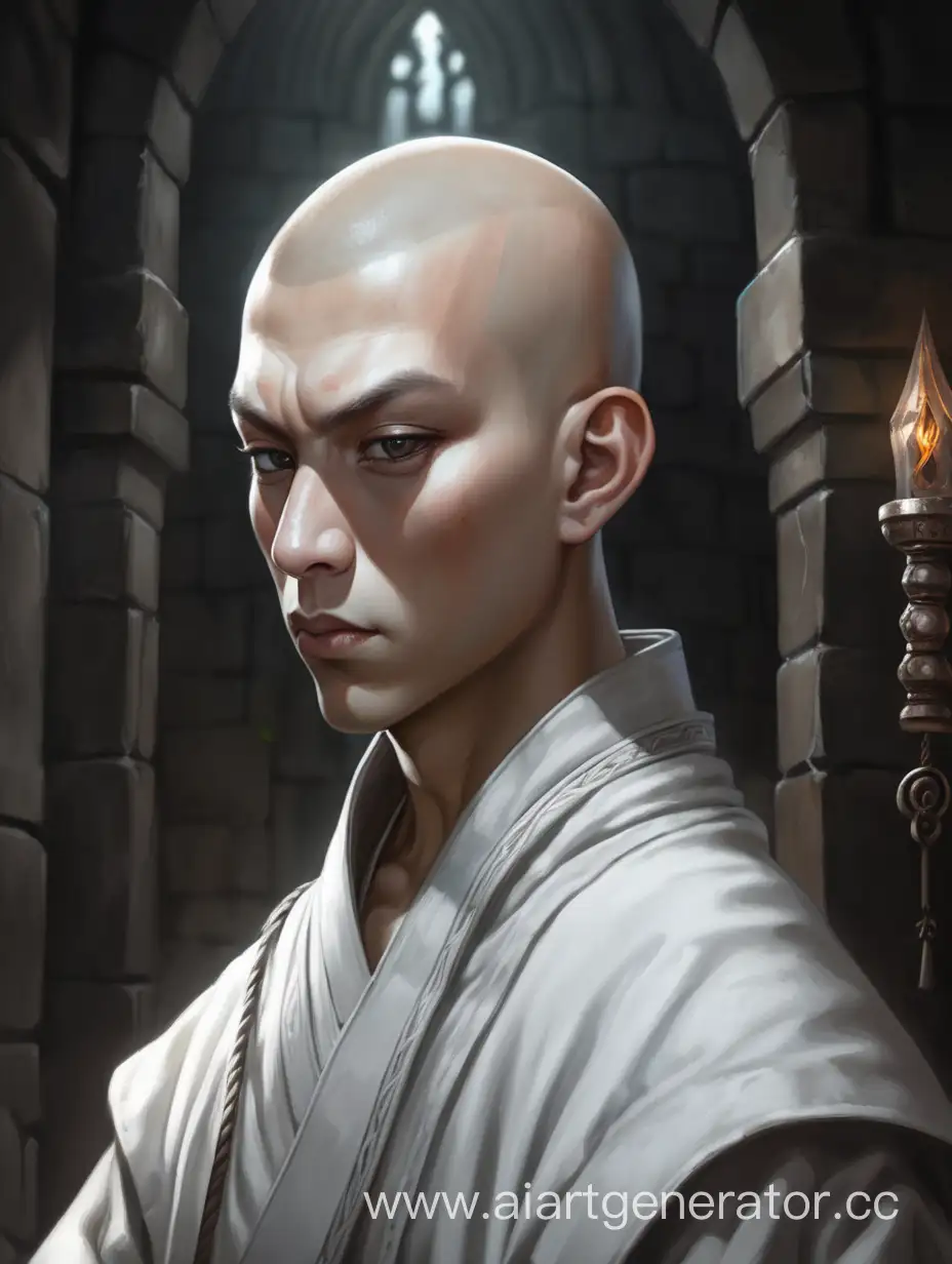 young man. human. dungeon dungeon. white monk. portrait

