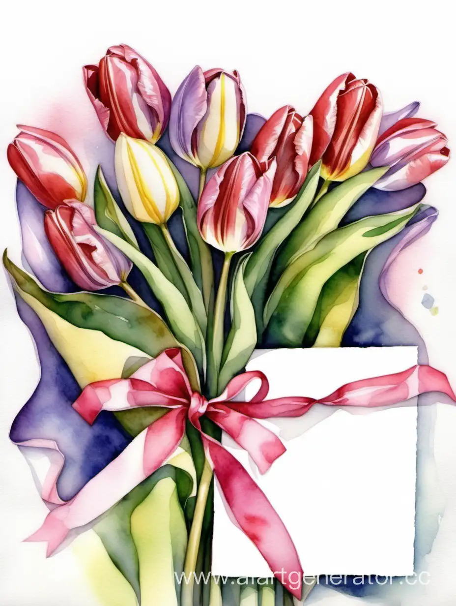 Tulips-and-Chocolate-Arrangement-with-Pink-Ribbon-on-White-Paper-Watercolor-Still-Life