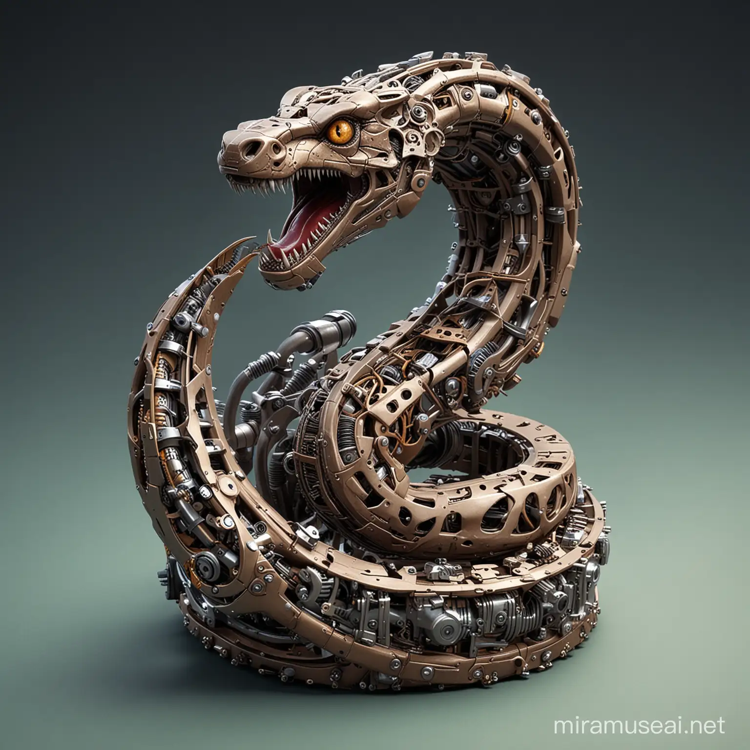 Metallic Serpent Sculpture Coiled in Industrial Setting