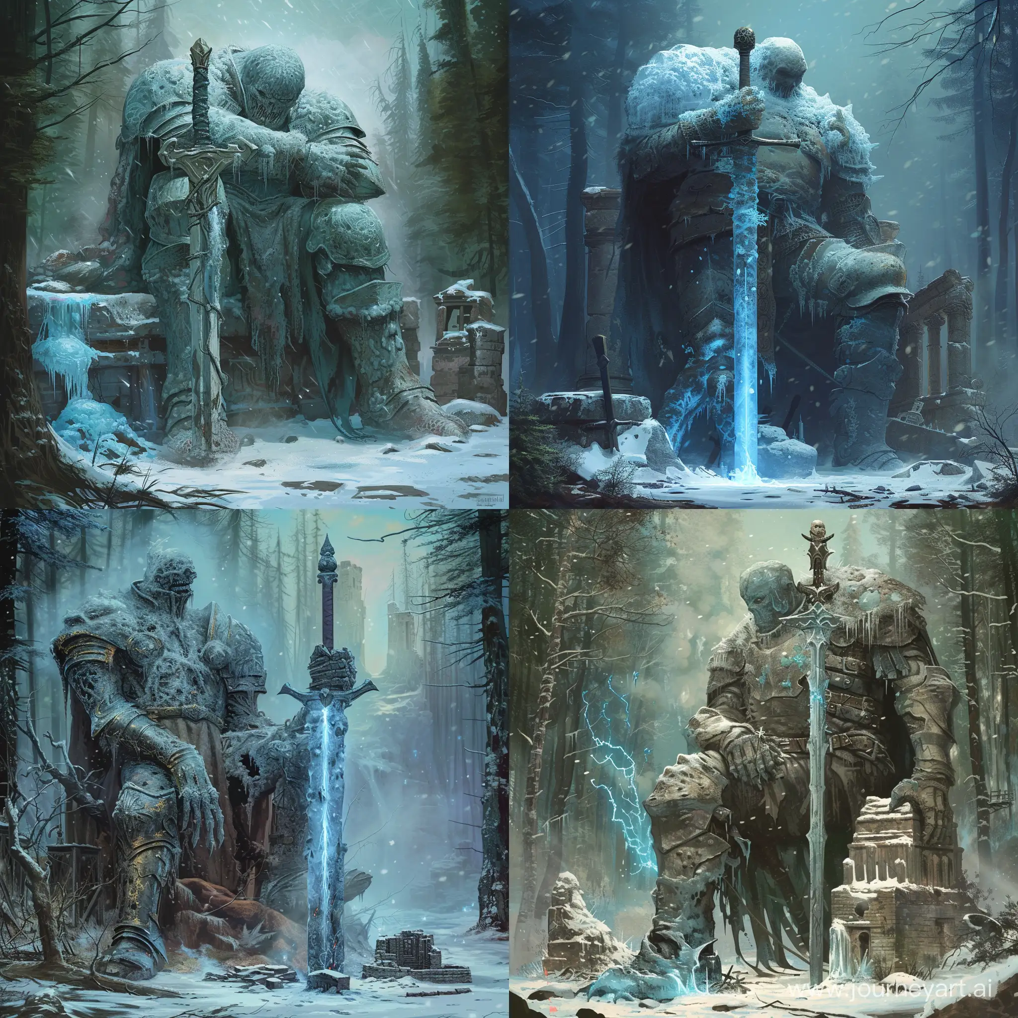 Dark-Fantasy-Illustration-Deformed-Knight-with-Ice-Growth-and-Magical-Sword-in-Ruined-Forest
