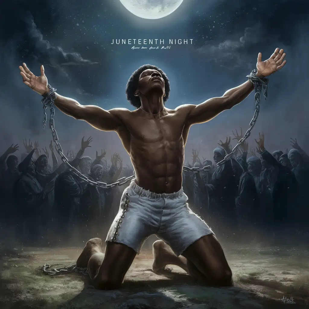 Create a image of Black male slave in the 1800s half dressed on his knees, looking  up with arms spread to sky with broken chains around his hands giving  praise with moon shining light from sky on his body down on Juneteenth night, celebrating his freedom and acknowledgment of his ancestors.