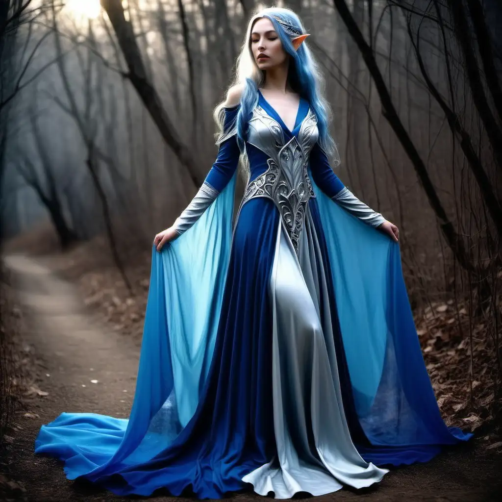 ocean blue and silver elven gown, flowy, sexy, noble, royal, elven princess