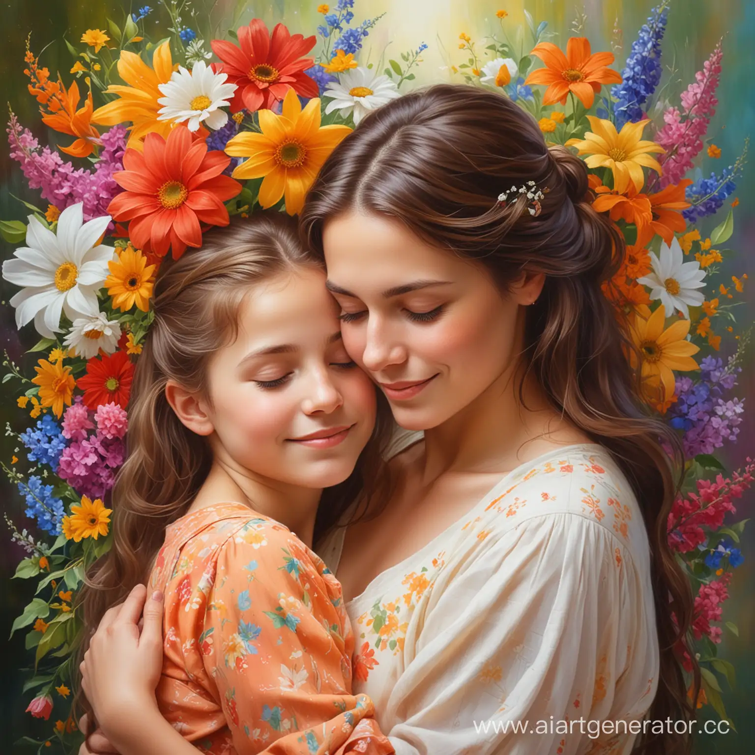 нежная и трогательная сцена: мама, обнявшая свою дочь, ласково улыбается ему. Вокруг них цветы в ярких оттенках, символизирующие любовь и заботу. Над ними витает атмосфера уюта и тепла. Картинка передает теплоту и нежность отношений между матерью и ребенком, призывая читателя окунуться в мир их взаимопонимания и любви
