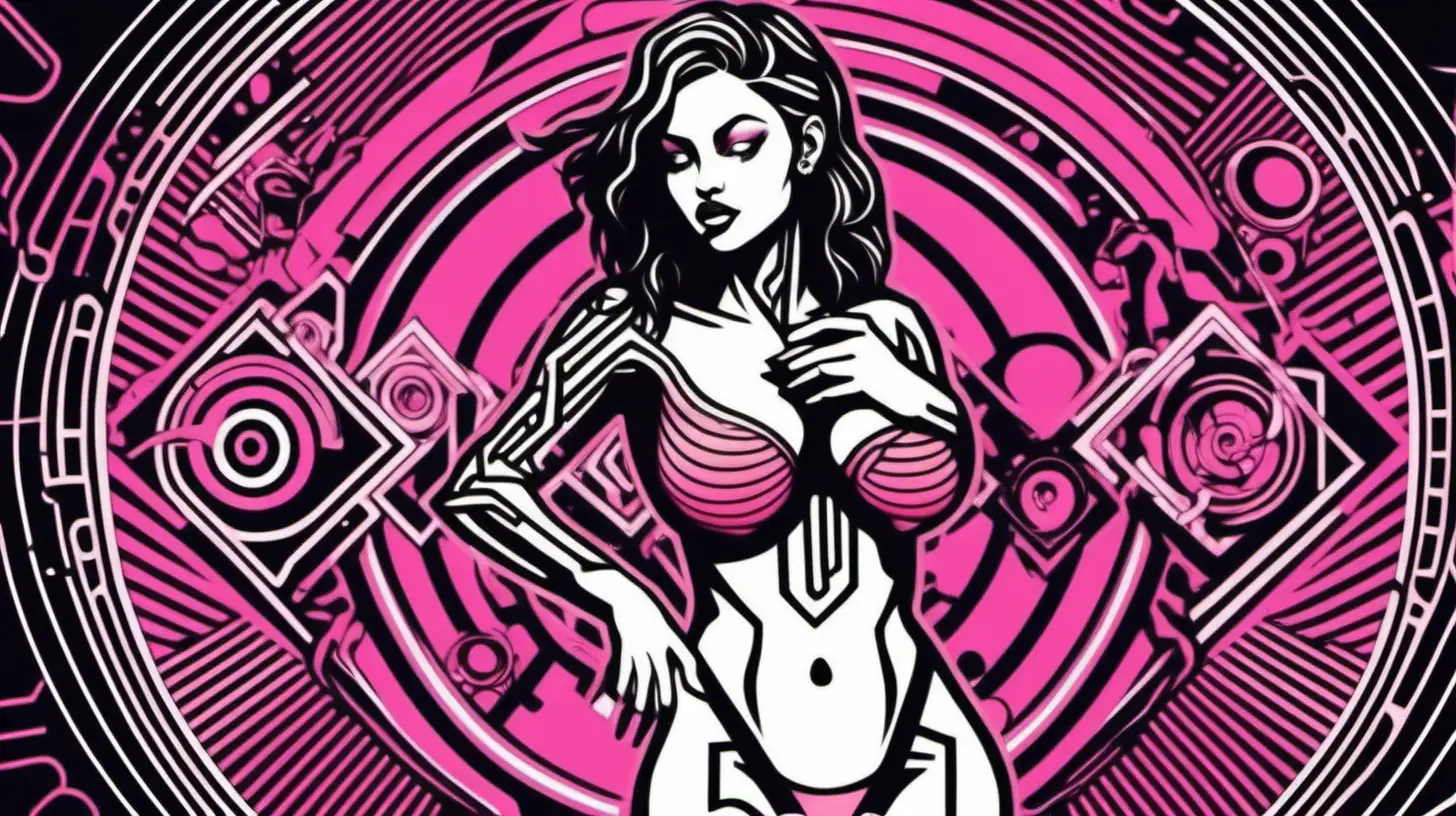 -technical language: 

Simple outline, single clear lines, in the designated style, of a female body, torso with breasts, in nipple piercings, with out face 

- style: black and pink style, on the background graphic simple piercing elements in 2D graphics 
- background style rhythmic pattern  
