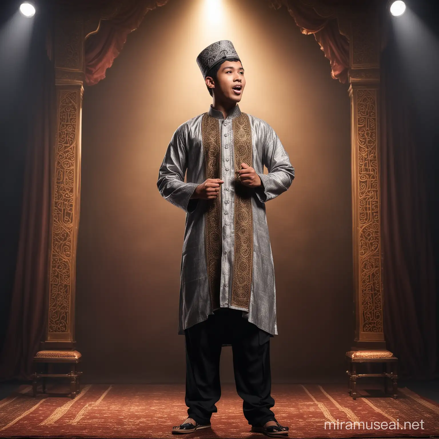 Seorang laki laki muda ganteng, wajah indonesia memakai busana muslim, berdiri di atas panggung pentas musik, bernyanyi.
Baiground layar studio fantastik..panggung megah..
Full body