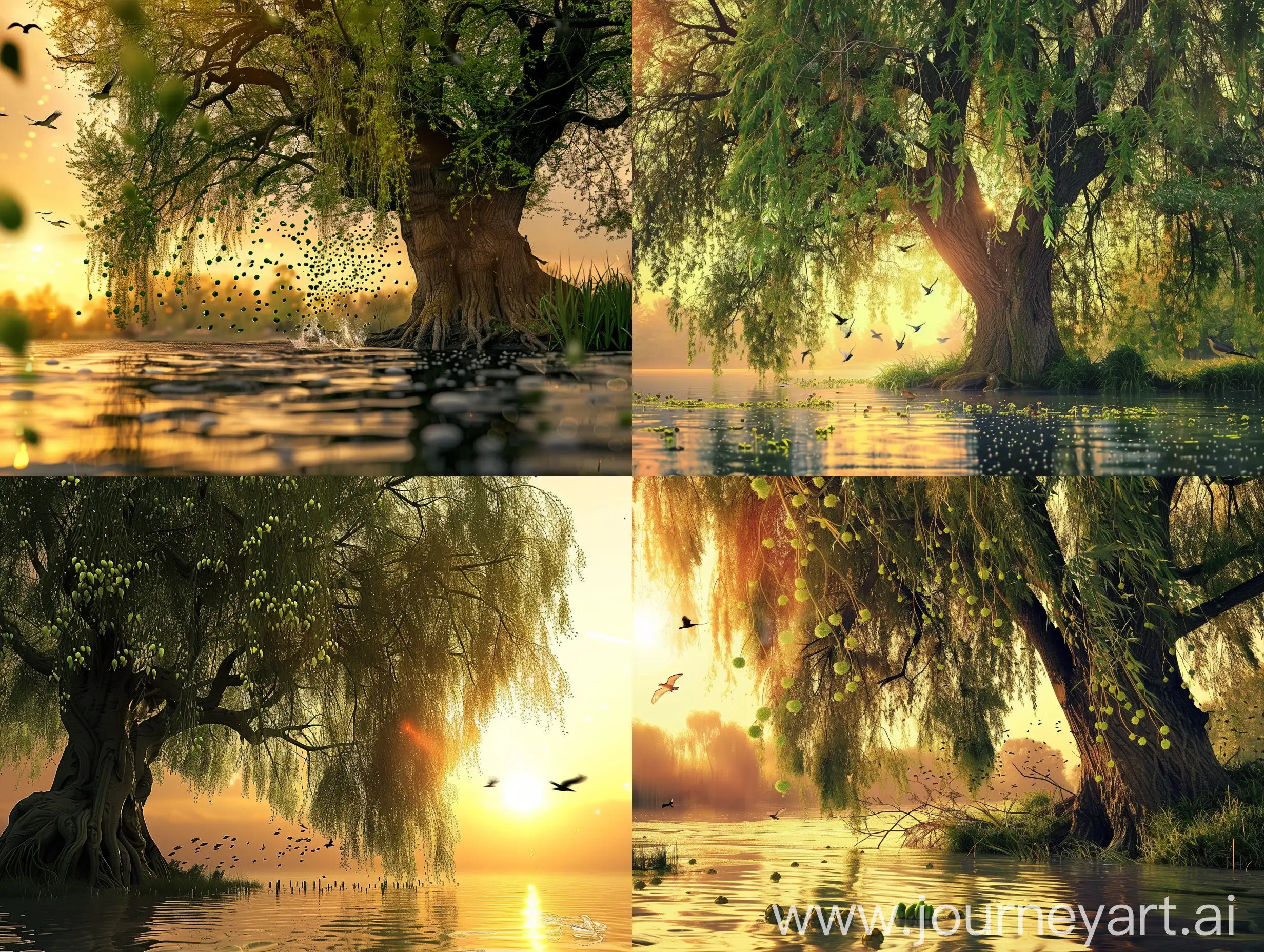 Sunset, evening, a very big willow tree grows on the river bank, the tree is full of green buds, the willow tree hangs down into the water, a few birds fly around and small fish jump up in the water, macro, natural light, warm tones, frontal view, background bokeh/bokeh, macro camera, close up