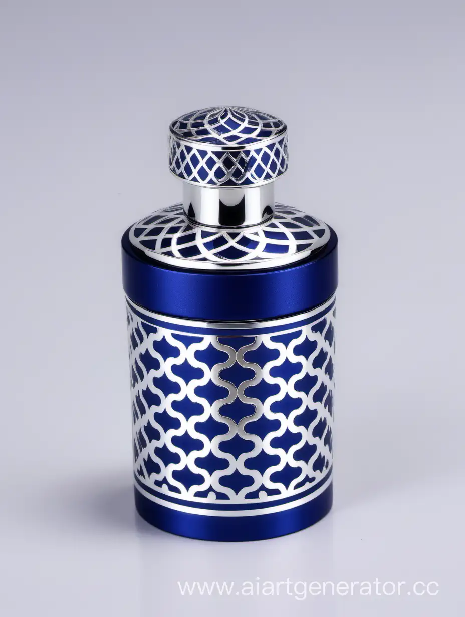 Zamac Perfume decorative ornamental long cap, SHINY DARK BLUE color with matt WHITE border line arabesque pattern shaped | metallizing finish