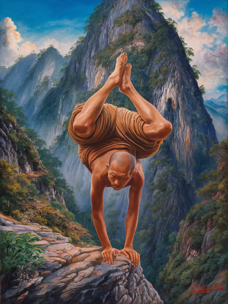 Realistic oil painting of a Tibetan monk standing on his hands on the side of a mountain, vibrant colors, intricate details, by Thomas Moran and Claude Monet, (close-up), peaceful atmosphere, spiritual energy.