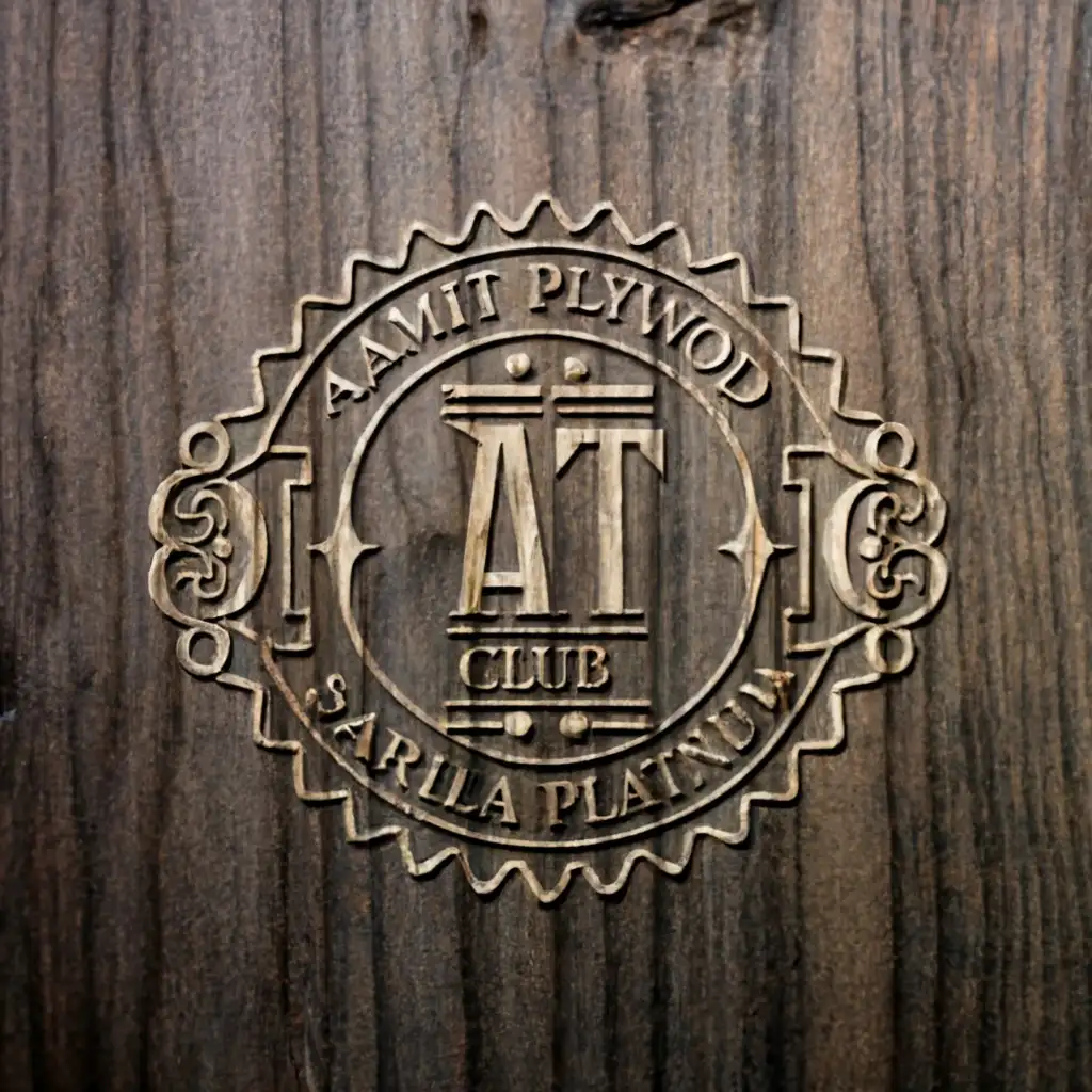 a logo design,with the text "amit ply wood&blackboard sangrila clud platinum", main symbol:back ground wooden texture and some symbols and "AT" should combine,complex,clear background