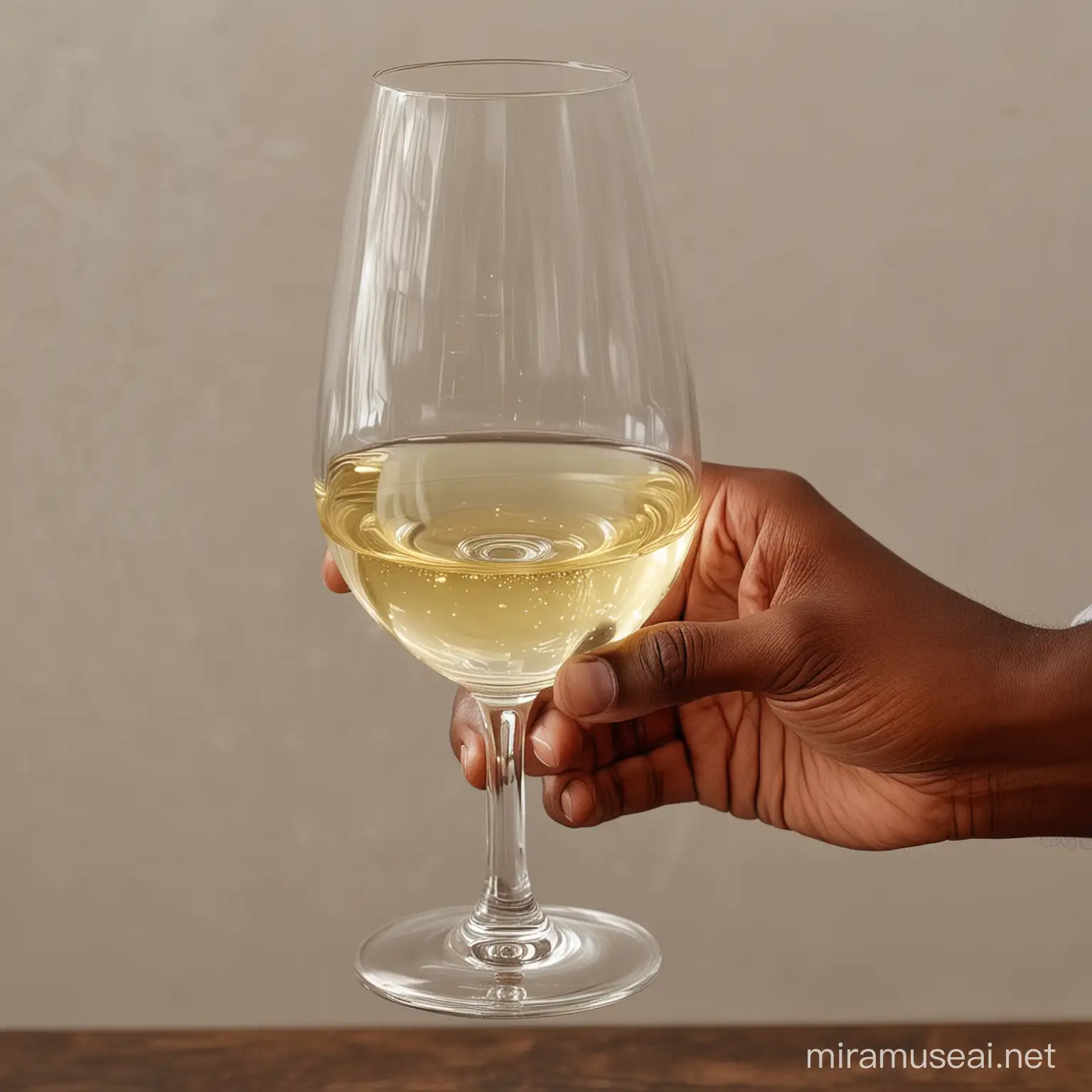 up close view of a black mans hand holding the bowl of a wine glass up close with white wine in the glass some
