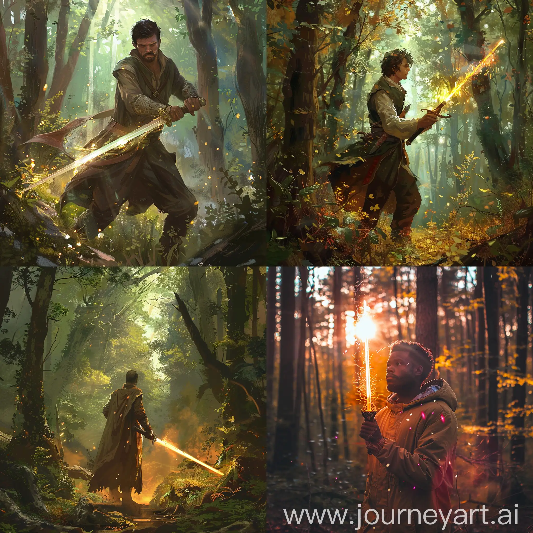 man with magic sword in the forest