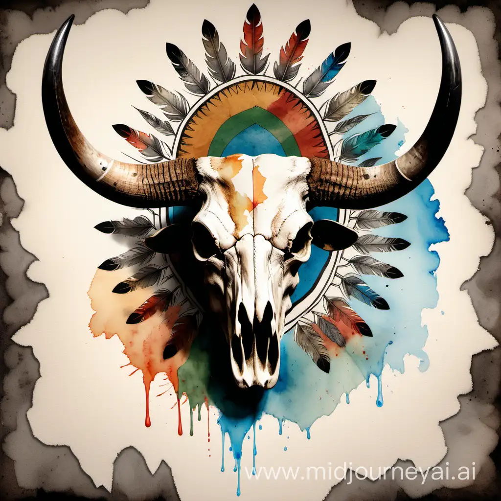 Vibrant Watercolor Mandela Art with Steer Skull and Indigenous Tribute