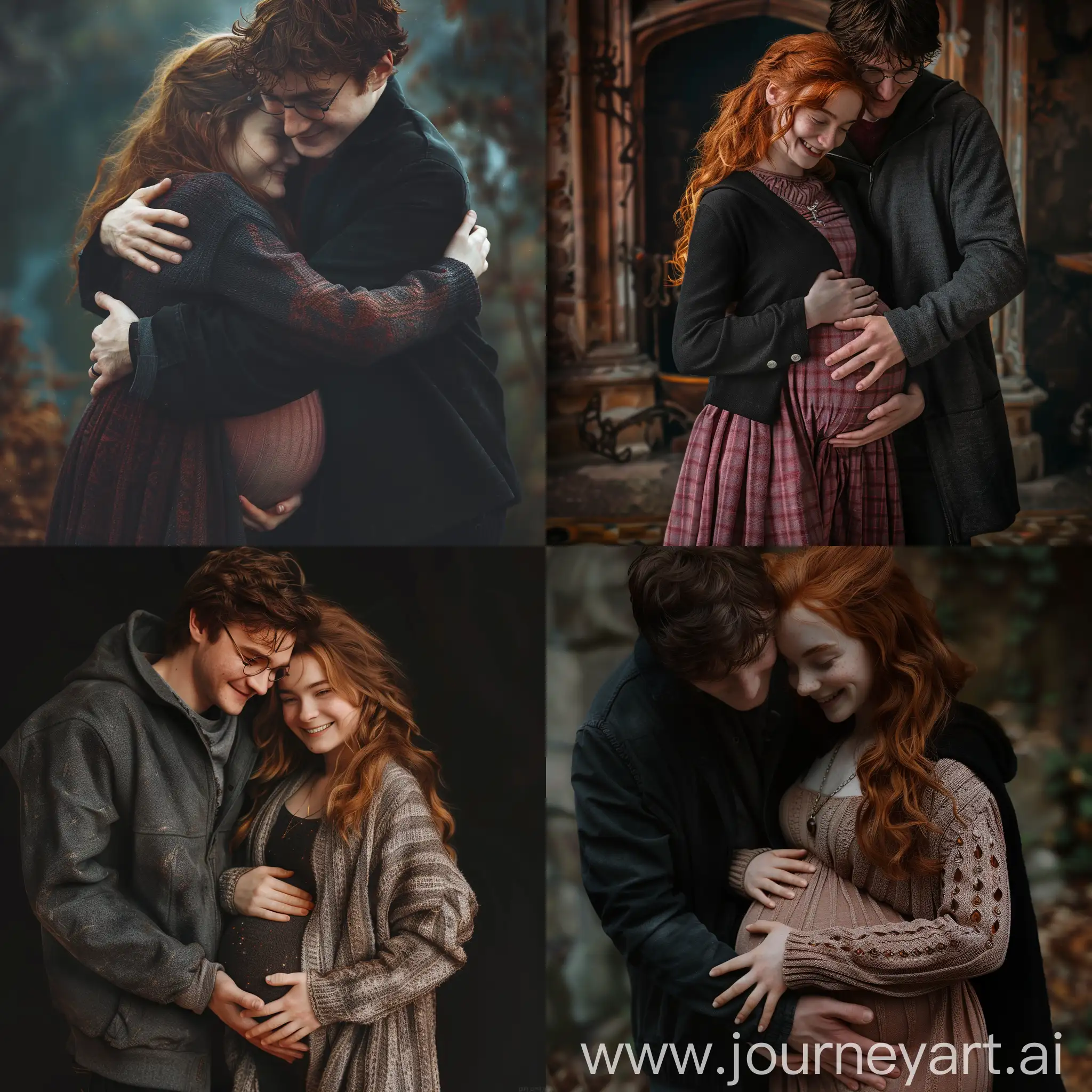 Pregnant teenage Luna Lovegood, hands holding her belly, extremely happy expression, Harry Potter hugging her from behind, extremely realistic, 8k

 
