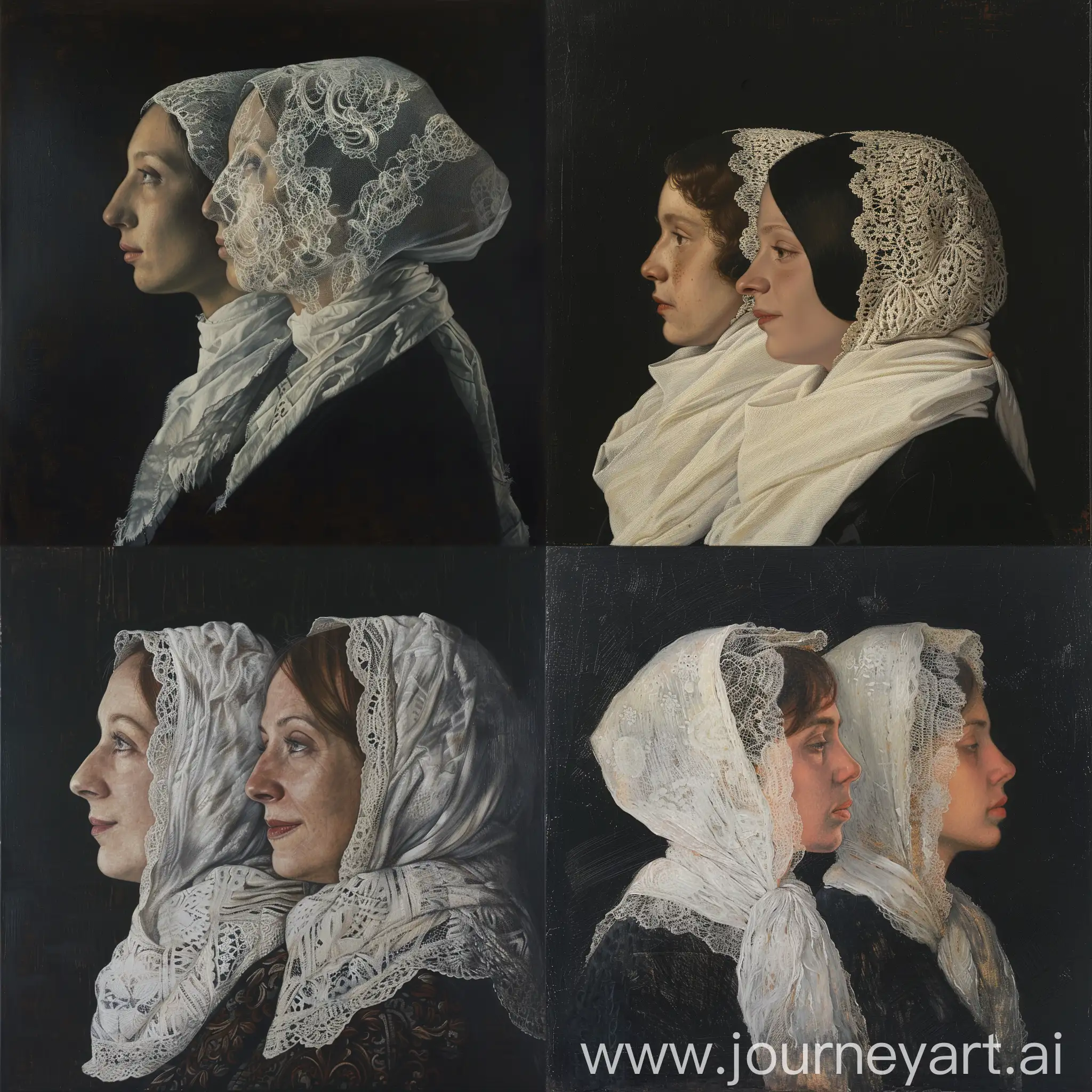 picture, painted with tempera, dark background, portrait of two women with white scarves, on which you can see the lace structure, half profile, with clair obscure light.