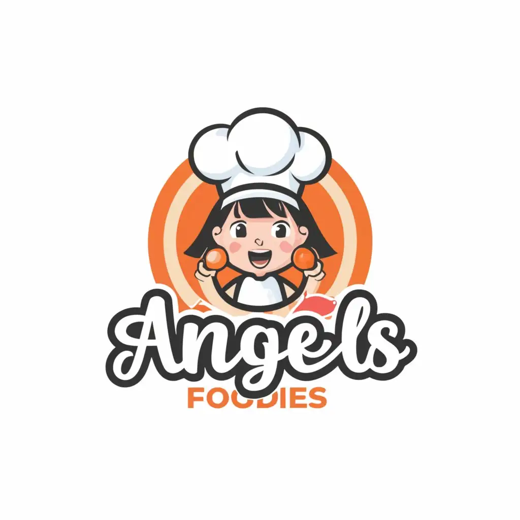 a logo design,with the text "Angels Foodies", main symbol:3D girls chef while smile, circle logo, inside the name and image, colourful, easy to recognise the logo,Minimalistic,be used in Restaurant industry,clear background