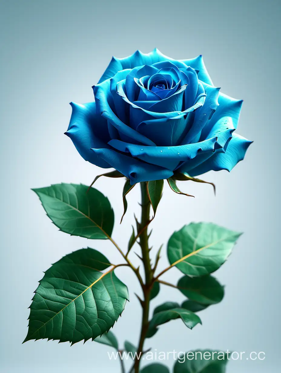 Blue Rose 8k hd with fresh lush green leaves on pure light  background