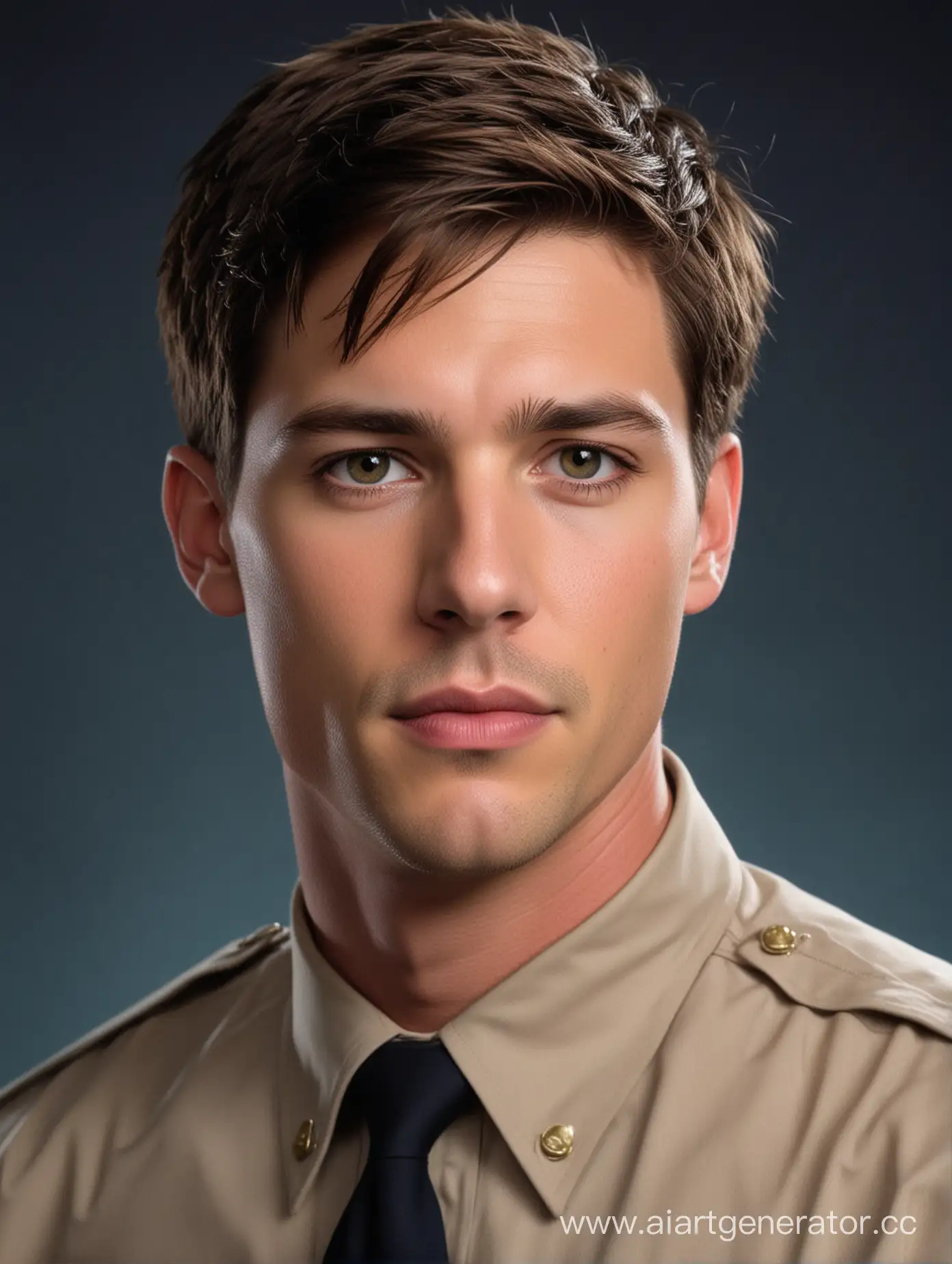 image of a man with short hair, slender brunette, handsome face, short haircut, expressive facial features, attractive, handsome, languid, dangerous appearance, twenty-five years old, looks like actor Brent Dougherty, dark eyes, clear full lips, FBI uniform, real lifestyle, light body and dark blue color on background, full-length, mesmerizing, realistic pictures, animated gif files -ar 71: 128 -Stylize 750 -v 6