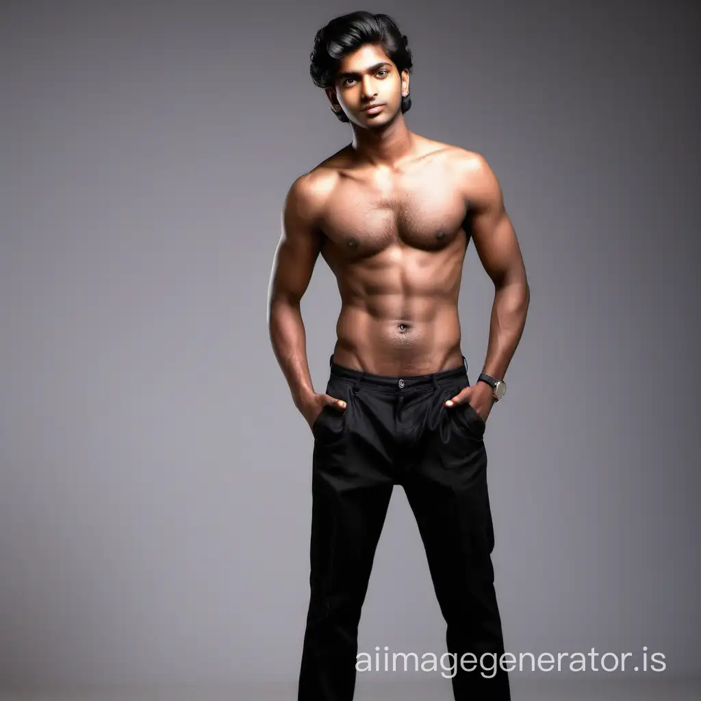 Stunning 20 year old indian guy without shirt curling hair standing in black pants