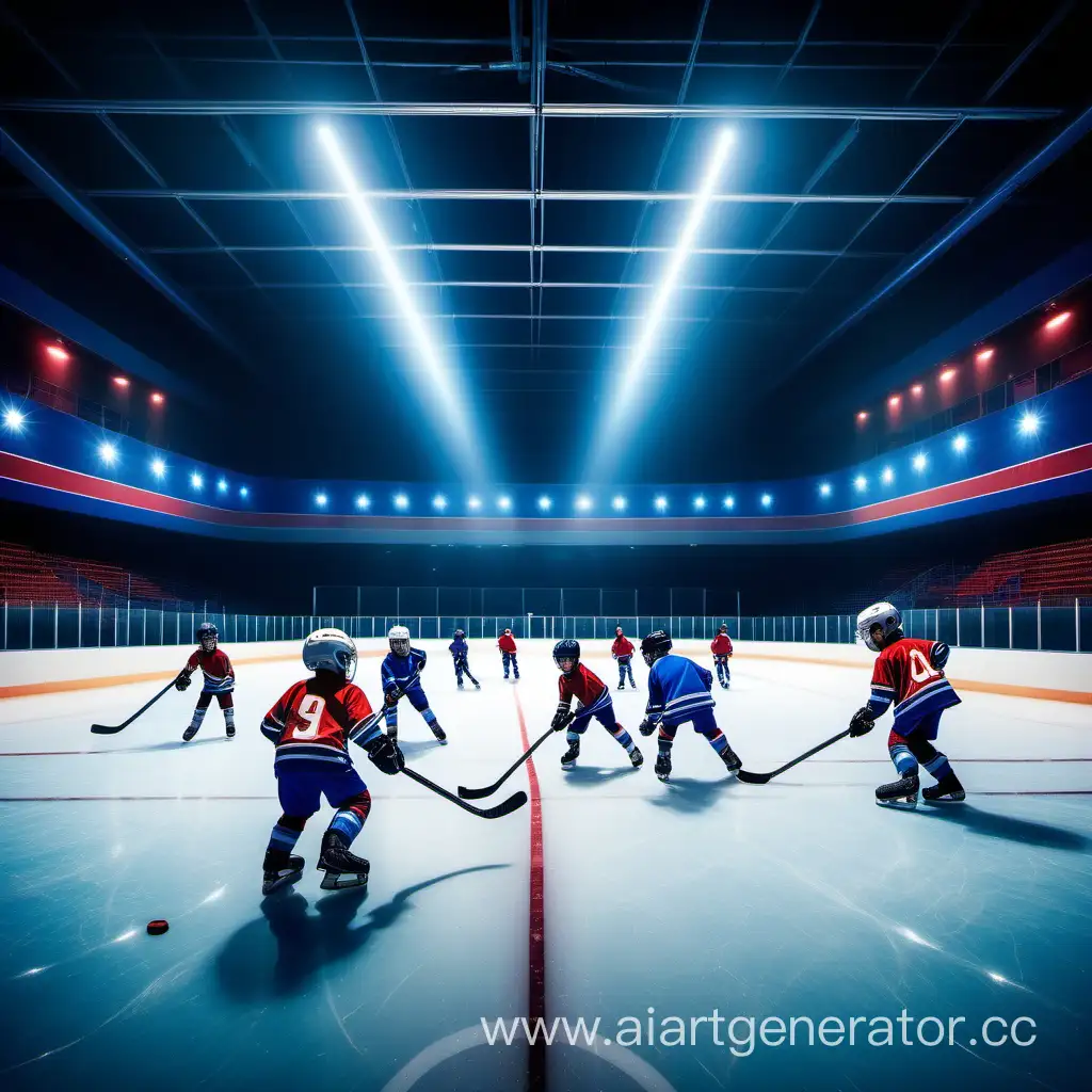 Красочное закрытое хоккейное поле,  дети хокеисты   борются за шайбу сине красные софиты 
