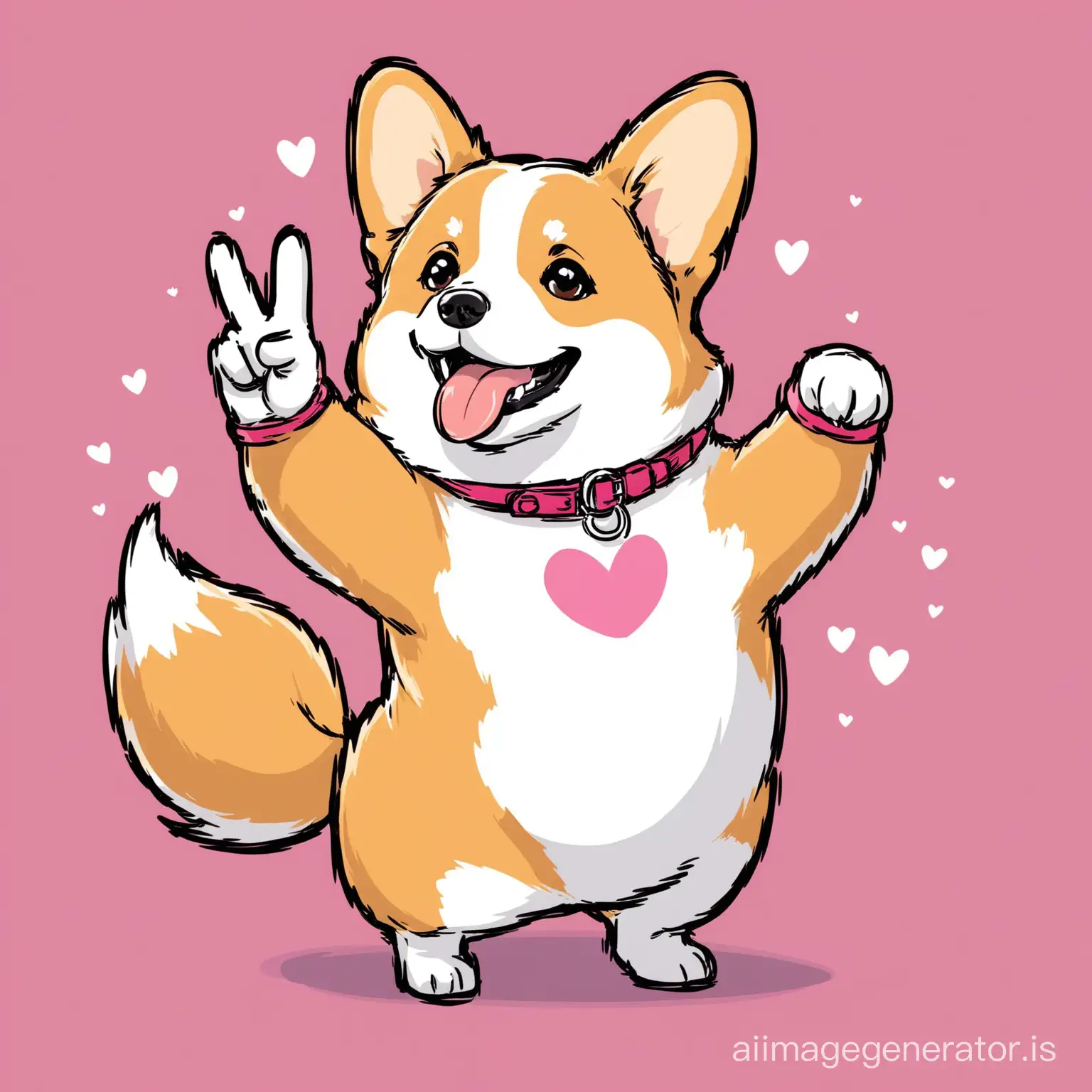 a corgi standing in his rear legs and sticking tongue to one side and making the peace and love sign with one hand no bows or other decorations