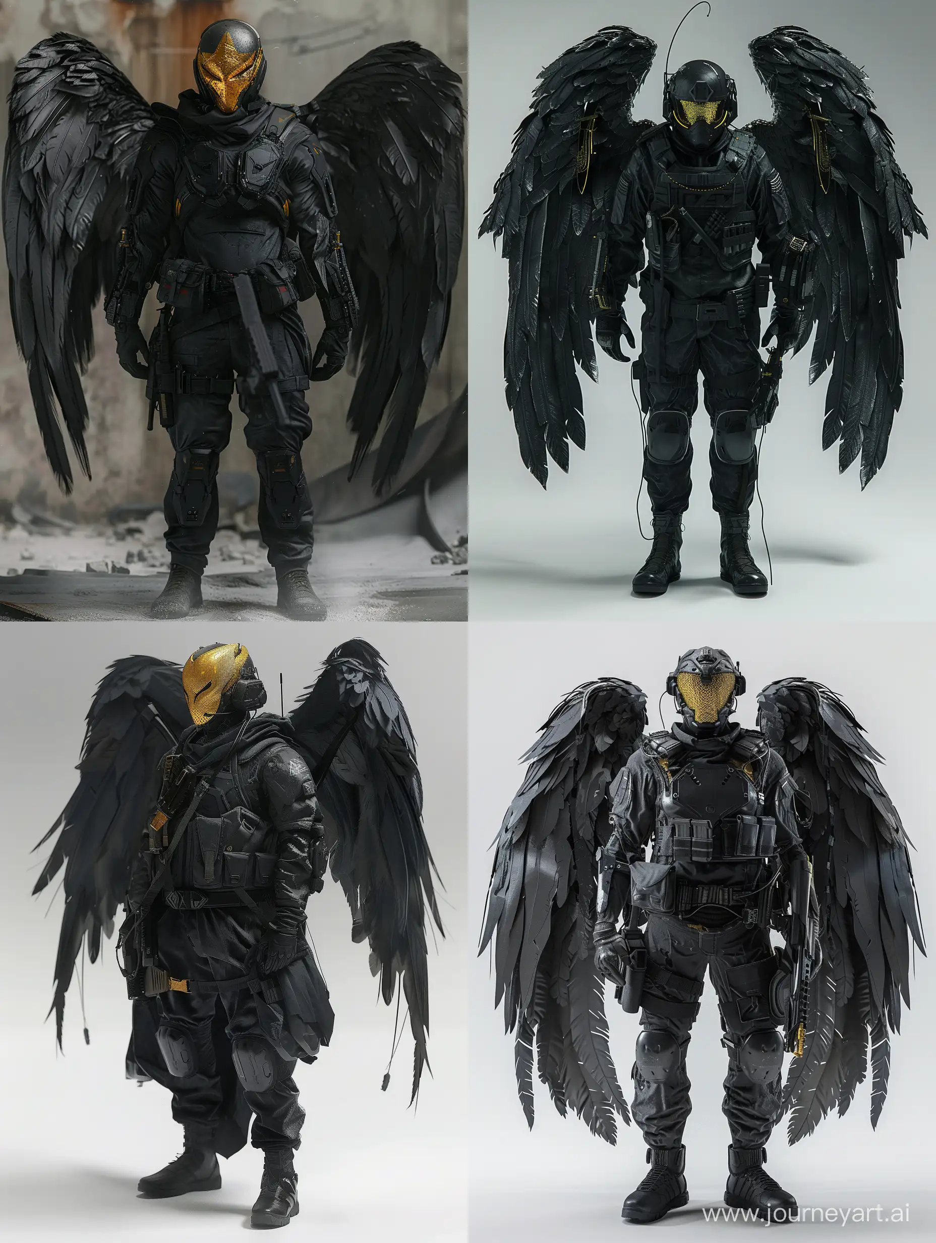sci - fi male soldier full body character concept, dark angel, black colours wings, gold mask, in the style of Anna Dittmann and Mark Demsteader, cyberpunk, ue5, edgy, jeff danziger, insane detail