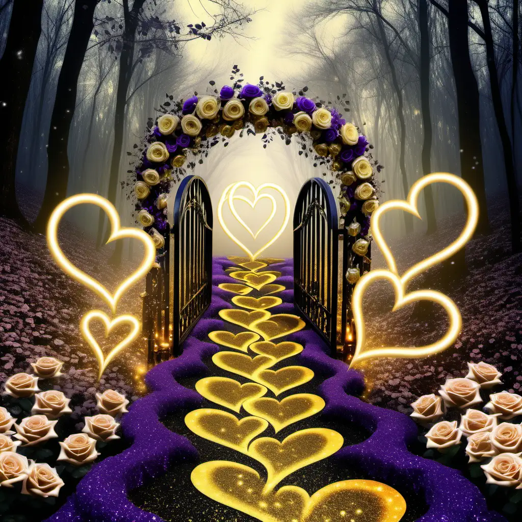 Glowingglitter trimmed hearts making a path cascading up in the air toward a beautiful heavenly gate with bi-colored roses soft forest wintery background, sparklecore, glistening, glitter, glowing, colorsplash, filigree, yellow, black, dark purple  and gold
