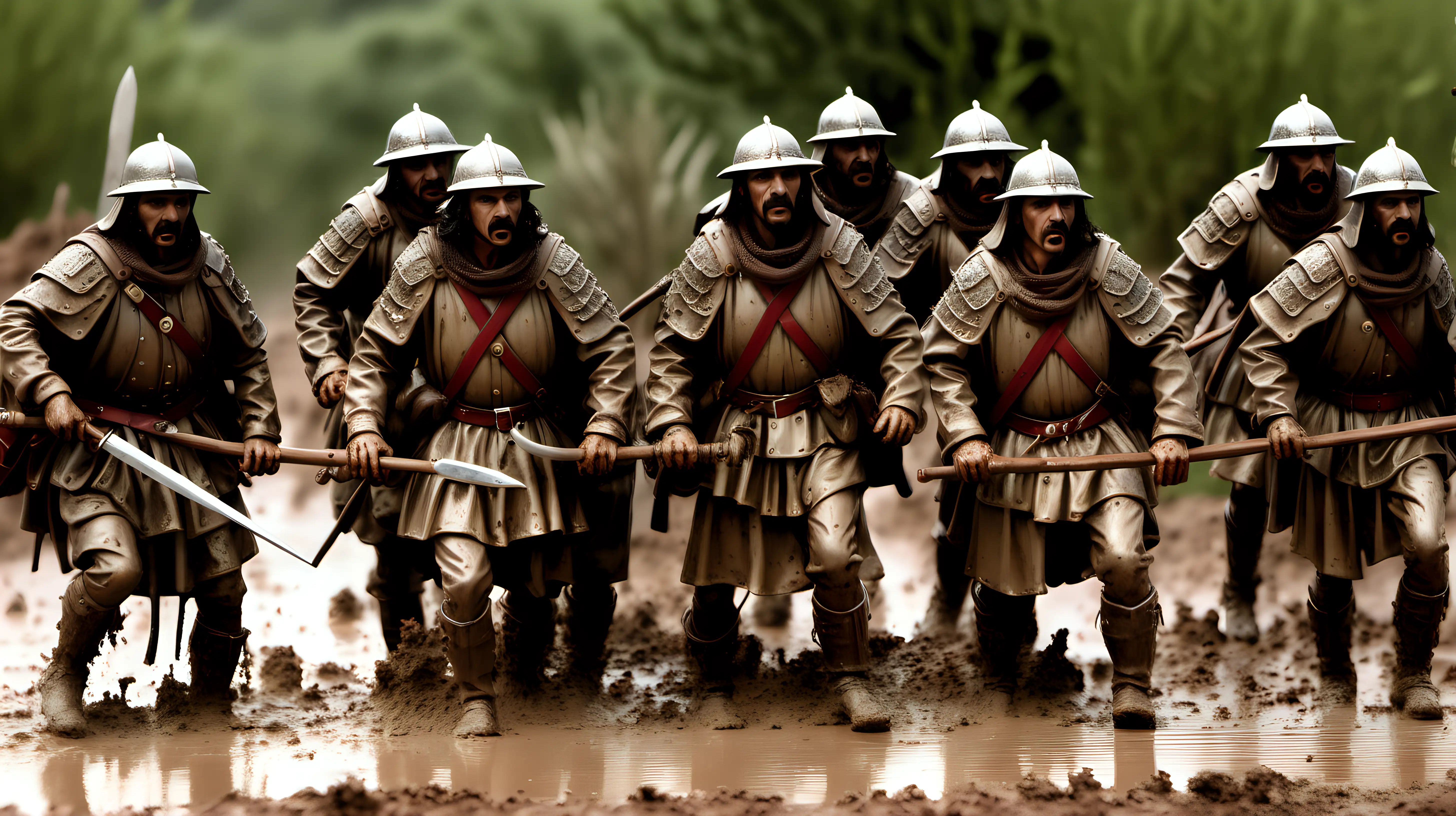 Spanish Tercios Marching into Battle on Muddy Terrain