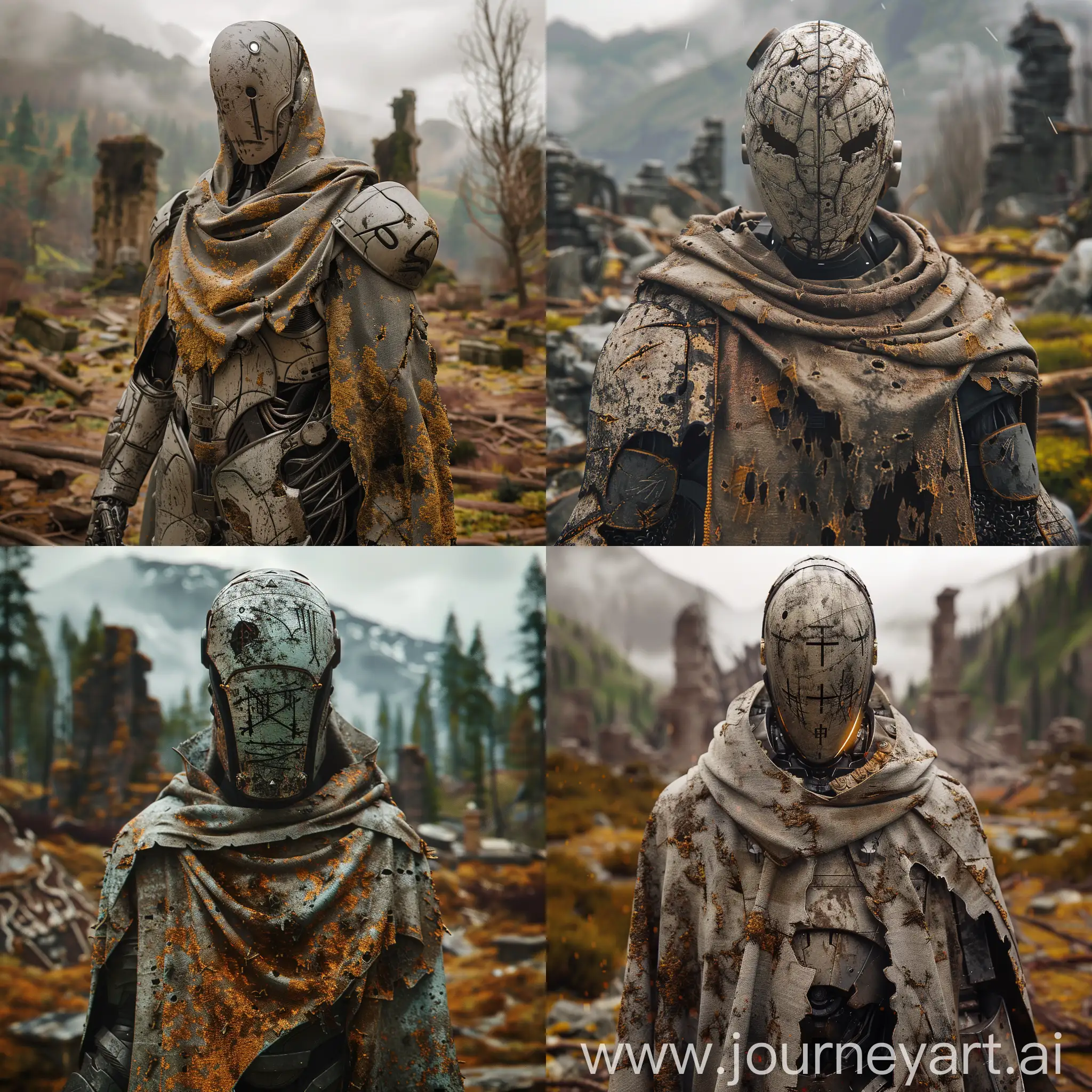Masterpiece, 4k, unreal engine m5, volumetric lighting, dof, bokeh, hyper realism, adof, vignette, dust, moss, aged, scarred, burnt, runic, holy, magic, scorcerer, mech, robot, 
warforged, dnd, light armour, dark fantasy, fantasy featureless helmet, highly detailed, tattered robes, burnt robes, destroyed land, castle ruins in background, burnt wood, unmarked tombs, mountainous background, dead forest