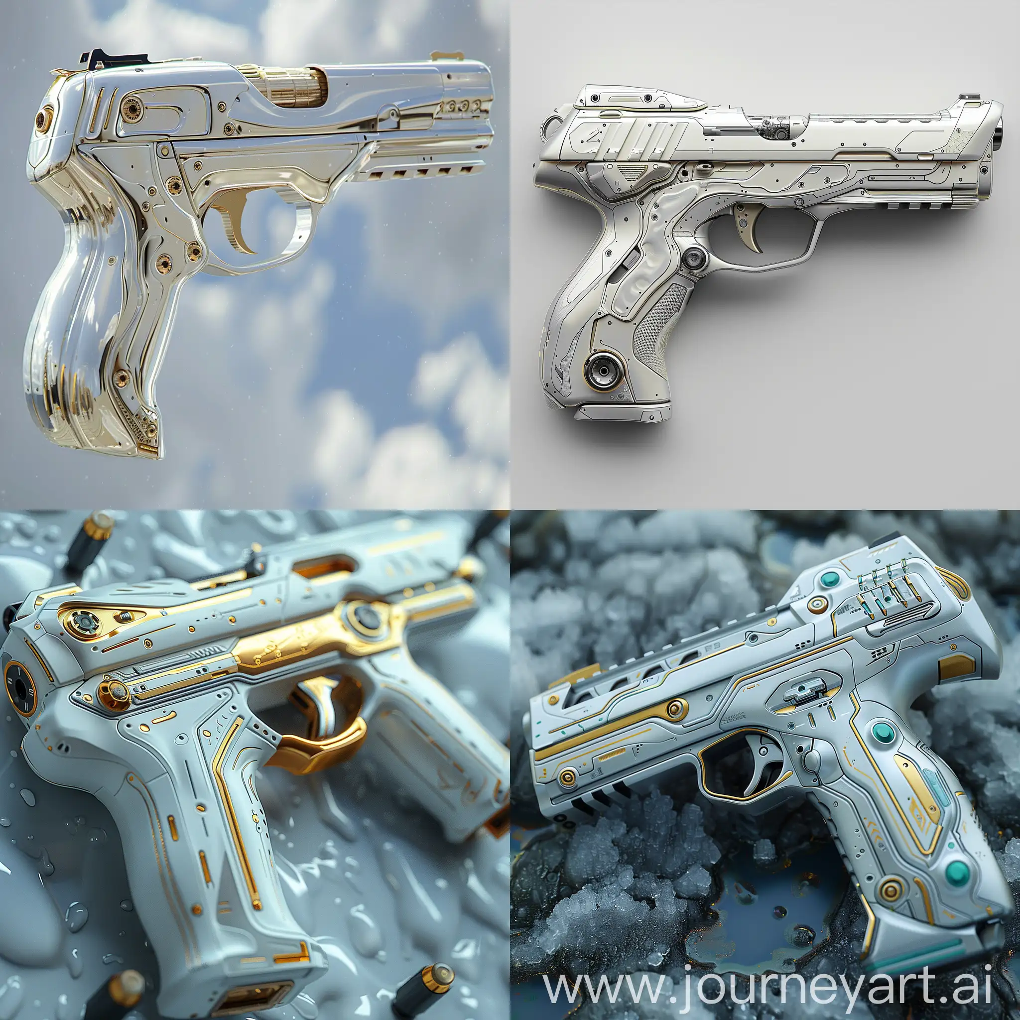 Futuristic pistol, ultra-modern, ultramodern, stainless steel, smart materials, high tech, electronics, octane render --stylize 1000