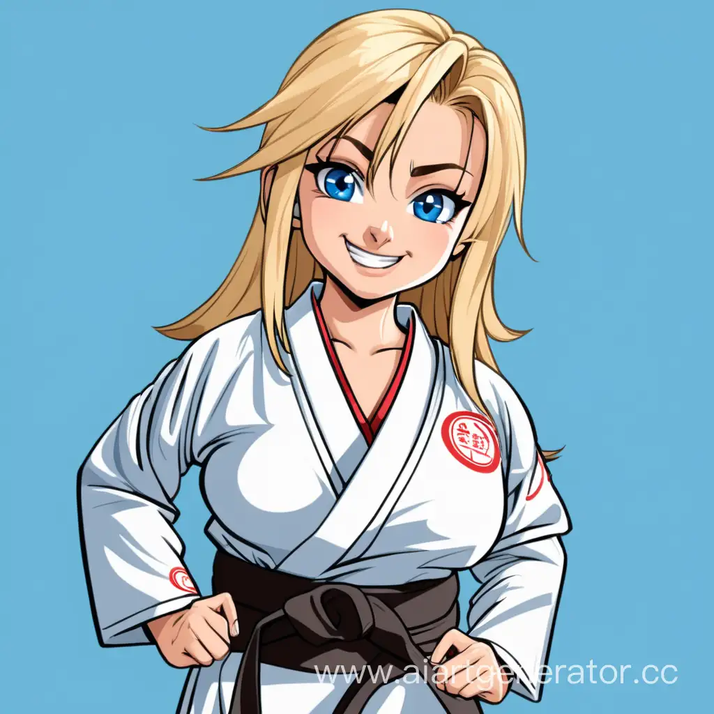 little height busty and booty blonde woman with big sky blue eyes in karate suit with happy face