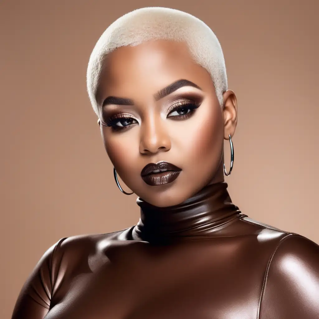 A beautiful dark brown skin black woman wearing platinum blonde bald hair. She is plus size. Modeling a chocolate brown turtleneck tops. Wearing a soft pretty makeup look. One woman is wearing a chocolate colored dark lip gloss. 
