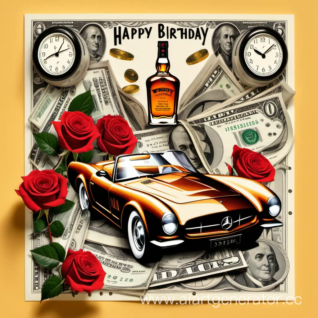 Masculine-Birthday-Card-with-Whiskey-Cars-Roses-Money-and-Clocks
