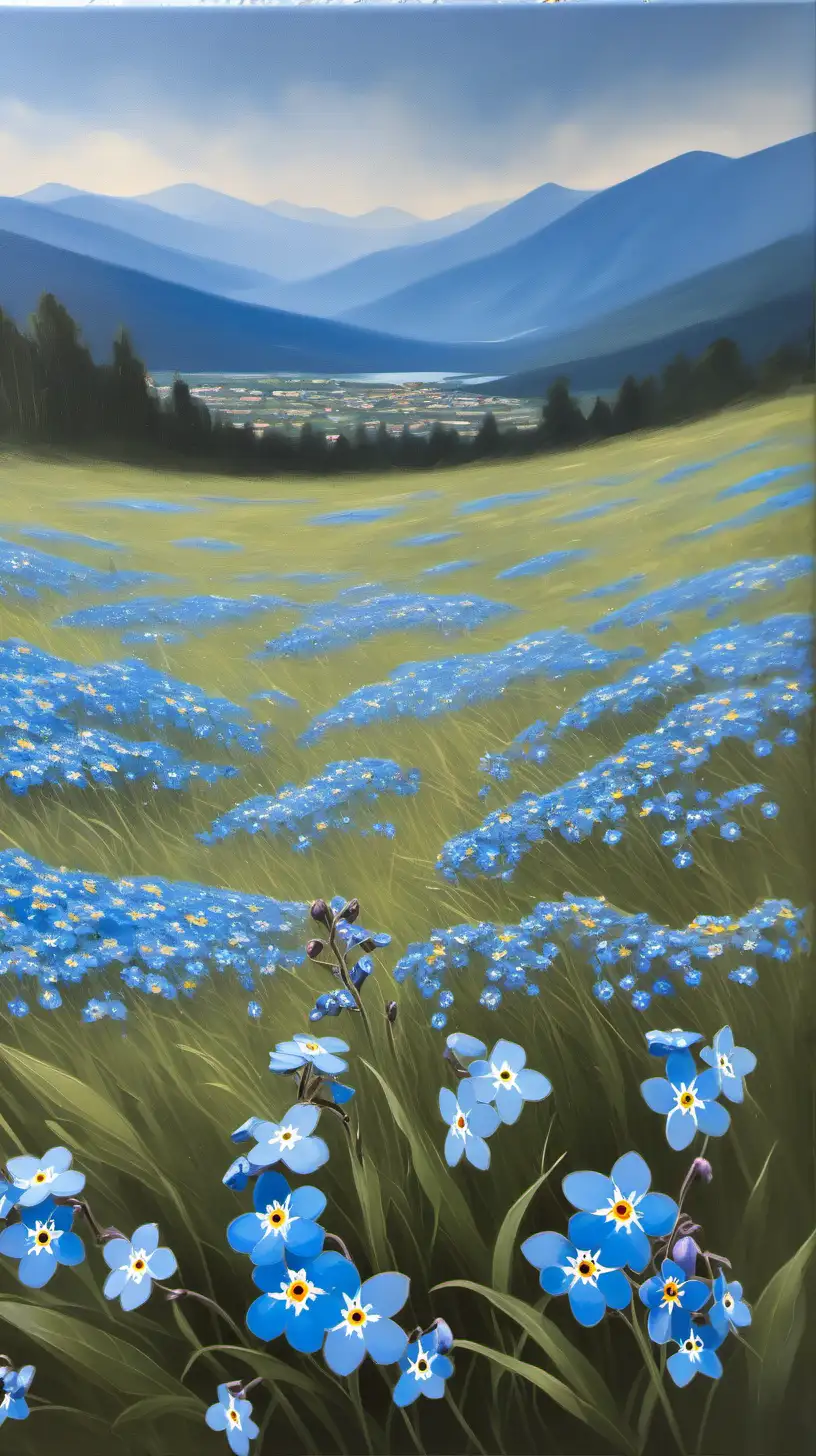 painting of forget-me-not flowers in a field with mountains in the distance
