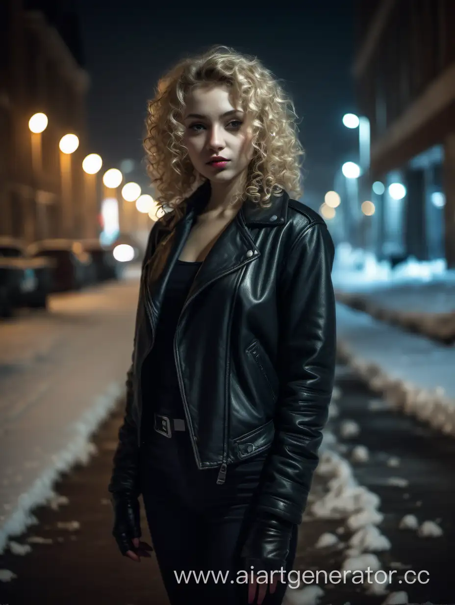 девушка, кудрявая блондинка, черная теплая кожаная куртка, одна в незнакомом ночном зимнем городе