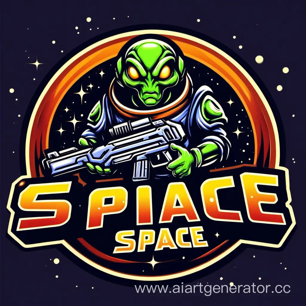 логотип для космической игры, охотник на инопланетян с бластером в руках, в мультяшном стиле