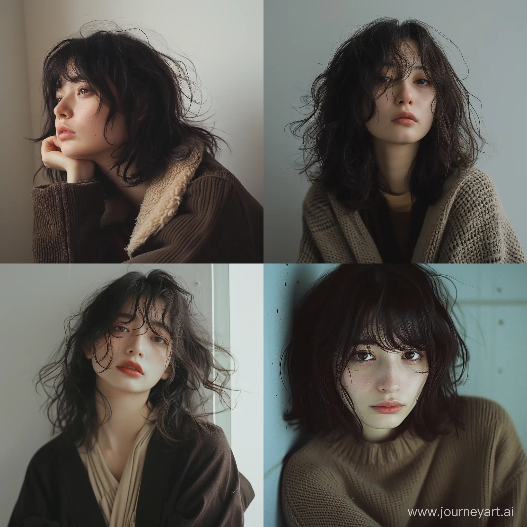 A women in the style of mamiya rb67, shige's visual aesthetic style, dark brown and light beige, tumblewave, oshare kei, brooding mood --style raw