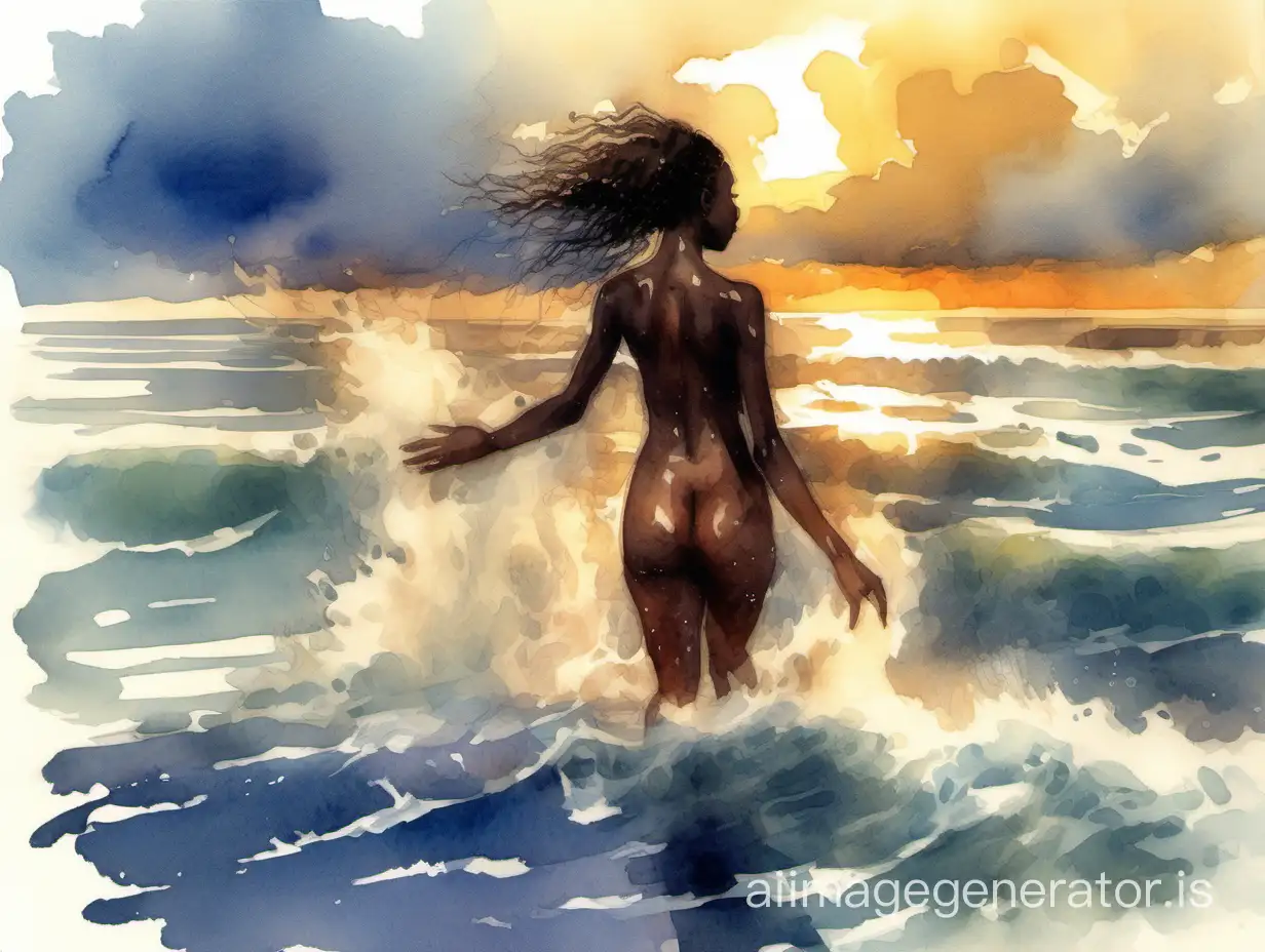 Watercolor sketch. A happy beautiful dark-skinned 18-year-old nude girl comes out at sunset from the waters of the warm sea to the shore. Joy, sunshine, splashes, beautiful waves and clouds. A masterpiece of watercolor in the style of La Fe, Igor Sava, Marya Koskiniemi, Liu Yi. Aerial watercolor, streaks, splashes, streaks