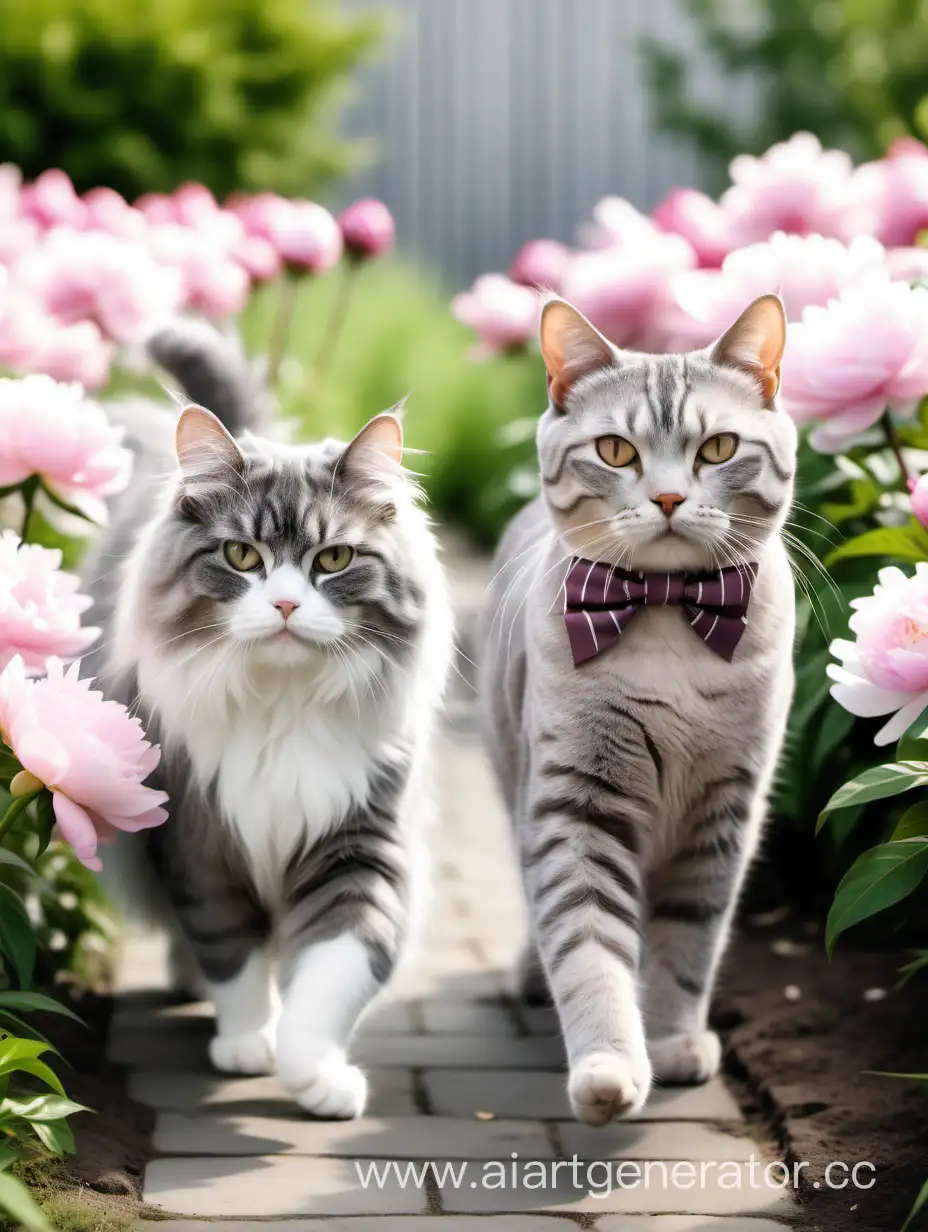 a grey fluffy cat and a grey smooth-haired white striped cat with a cute bow are walking in a spring garden with peonies

