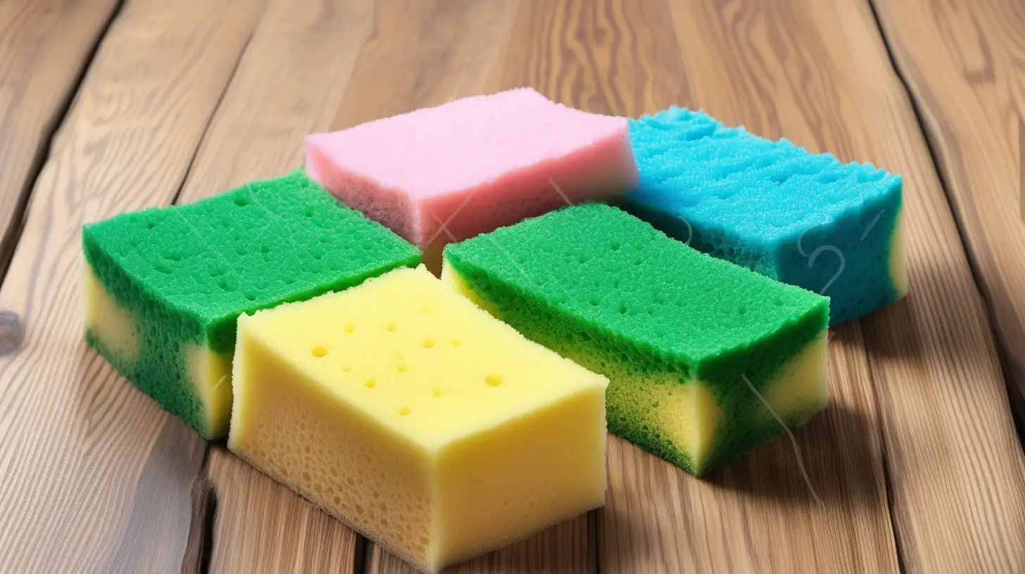 Sliced sponge with color green, blue, green and pink on wood floor. close up