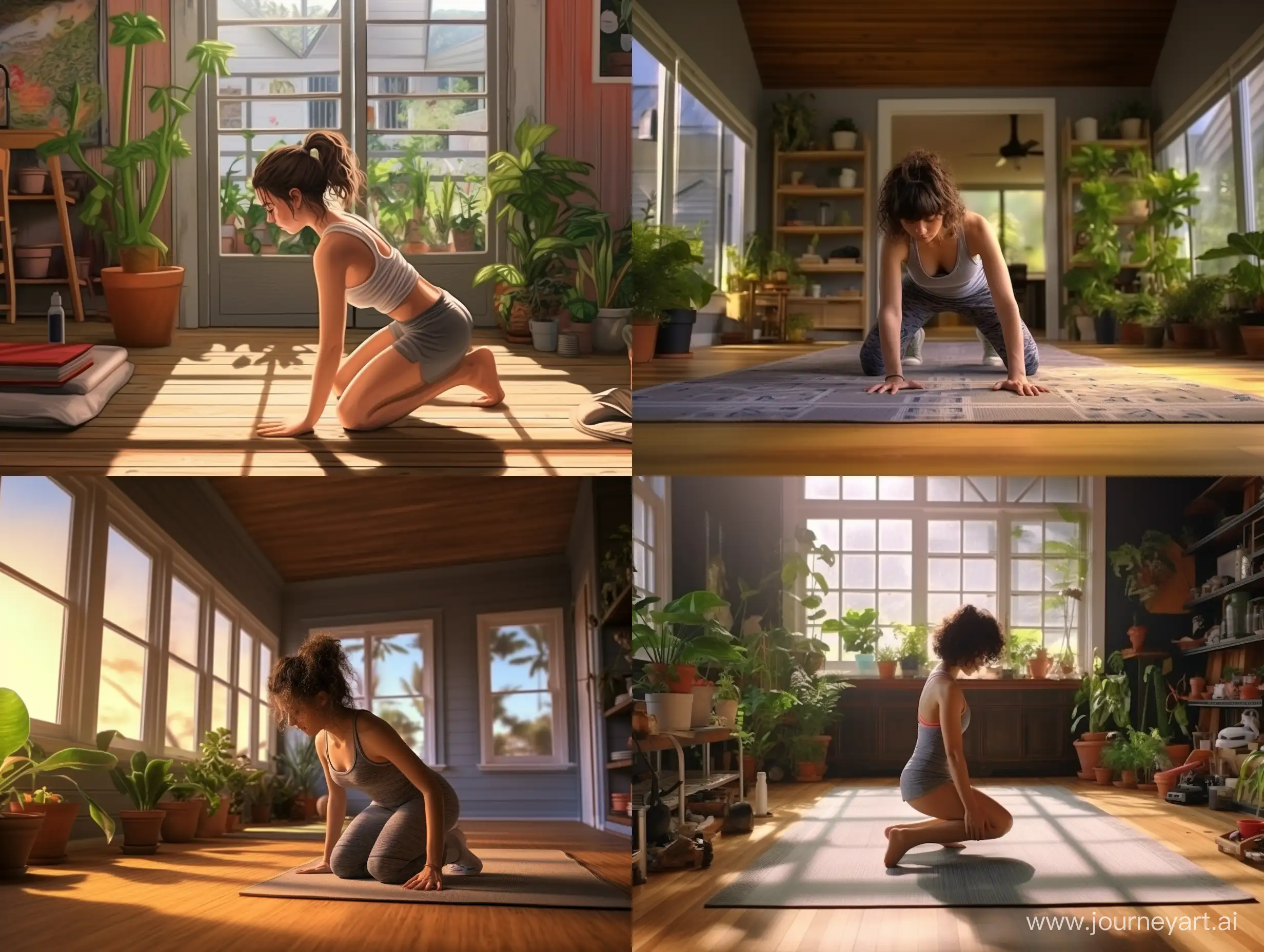 Girl doing push-ups at home on a mat, exercise, beautiful room, potted plants, wooden floor, photorealism, 8k