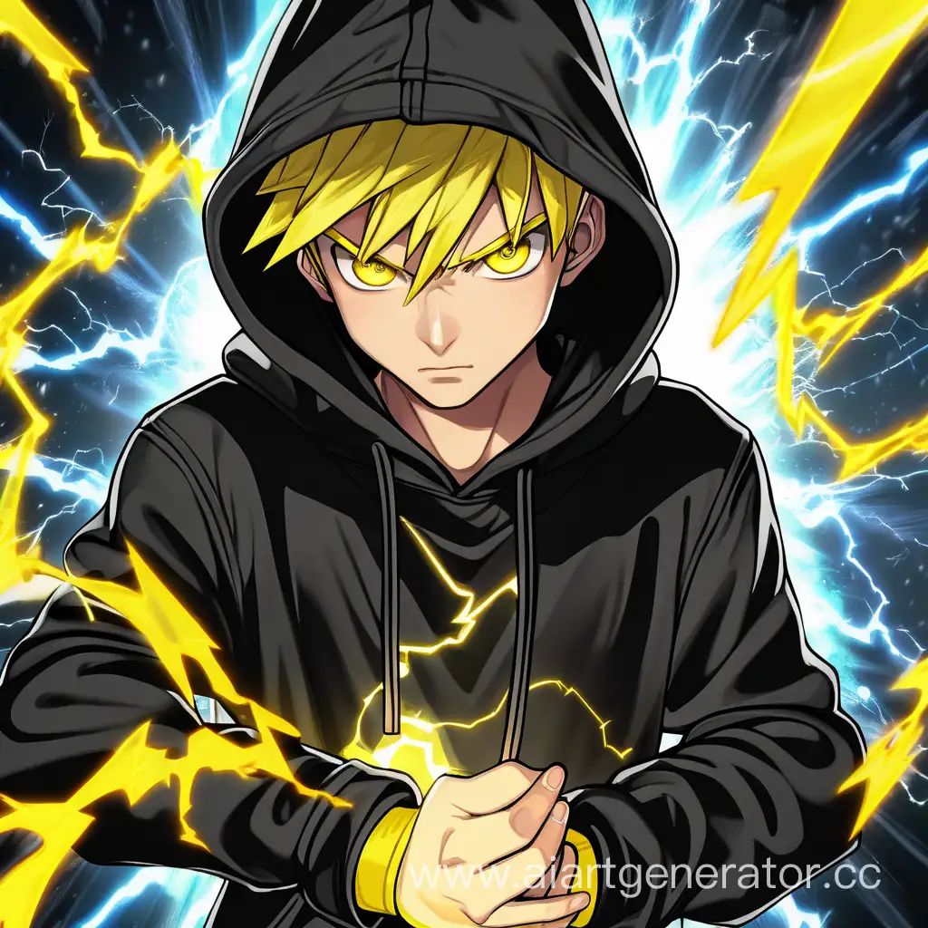 Anime boy in a black hoodie with the superpower to control yellow lightning