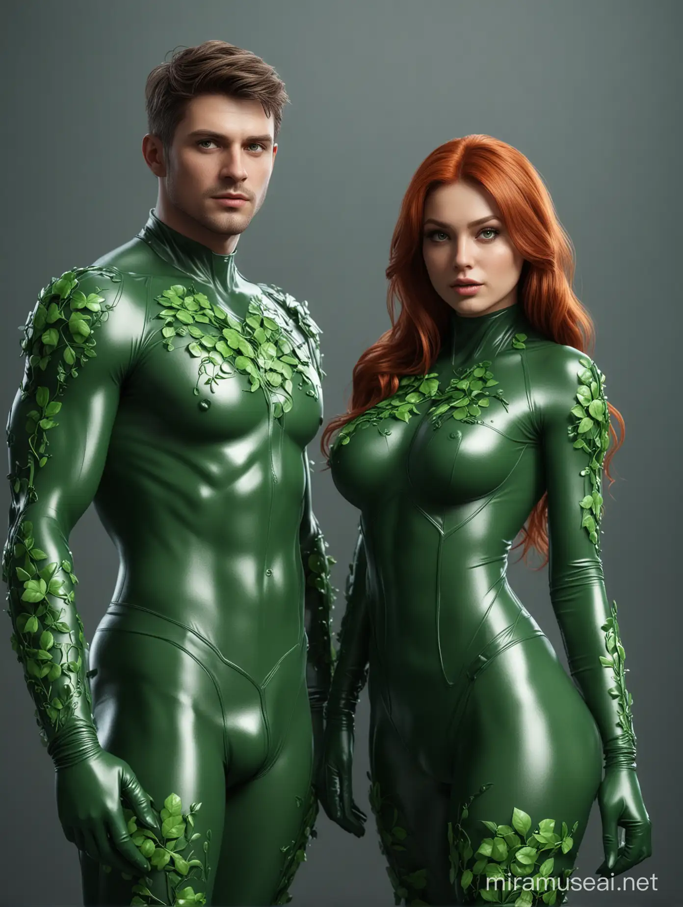 Full full body a beautiful couple, Poison Shamrock wearing a green latex spandex and gloves and Poison Ivy, standing firmly face frontal camera focus asymmetrical face details,charachter, beautiful, devian art, trending artstation, digital art, detailed, realistic, humanoide, character,cinematic sho ,cinematic lights, high textures, high resolution, dreamlikeart, 8k, highly detailed, stabilized diffusion. Detailed face and fingers.