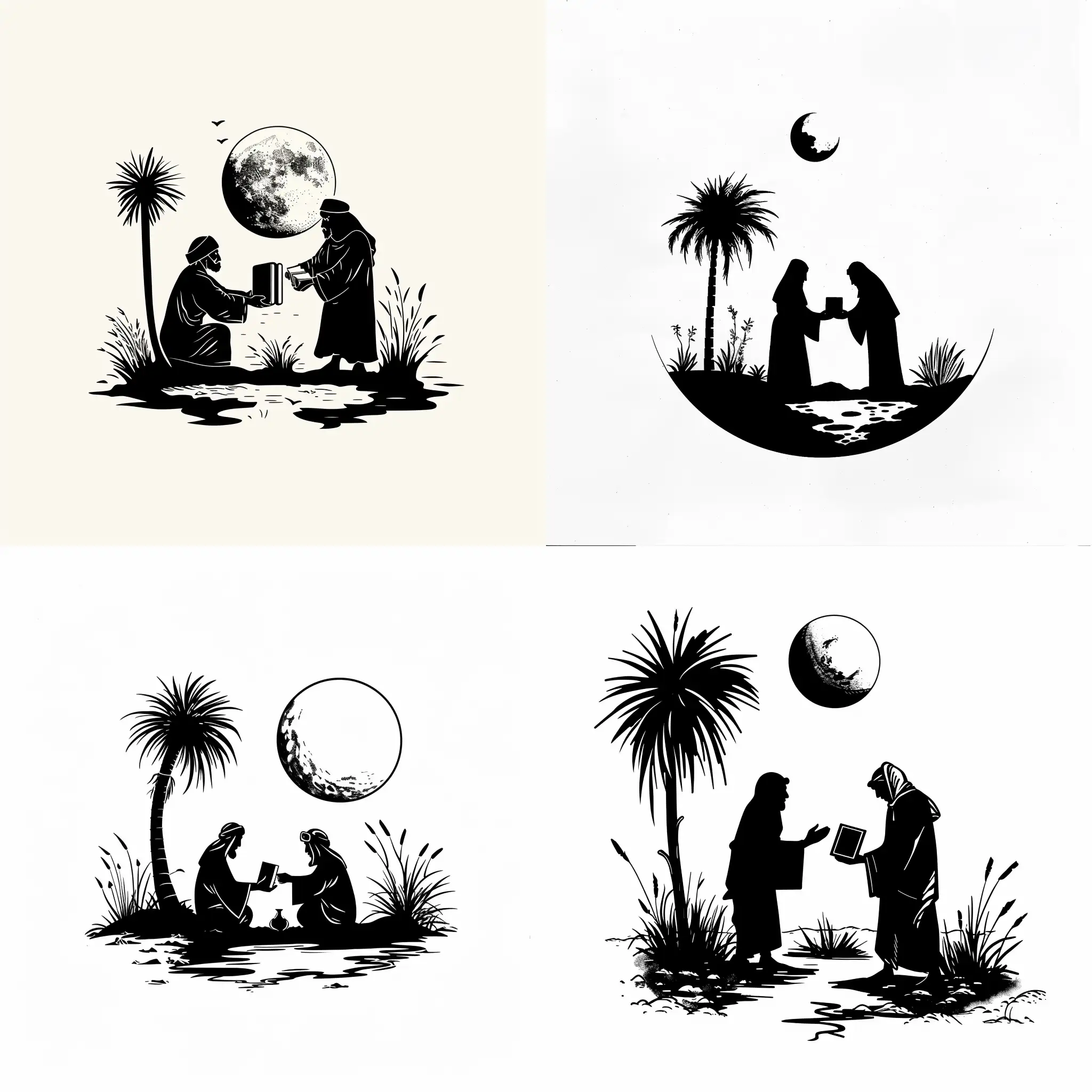 draw a simple logo of two Bedouins exchanging books in a oasis with one palm tree, some little grass, an ink lake near and a big moon behind

make the two men, the palm tree and the ground black

make the background full white and only color the moon
